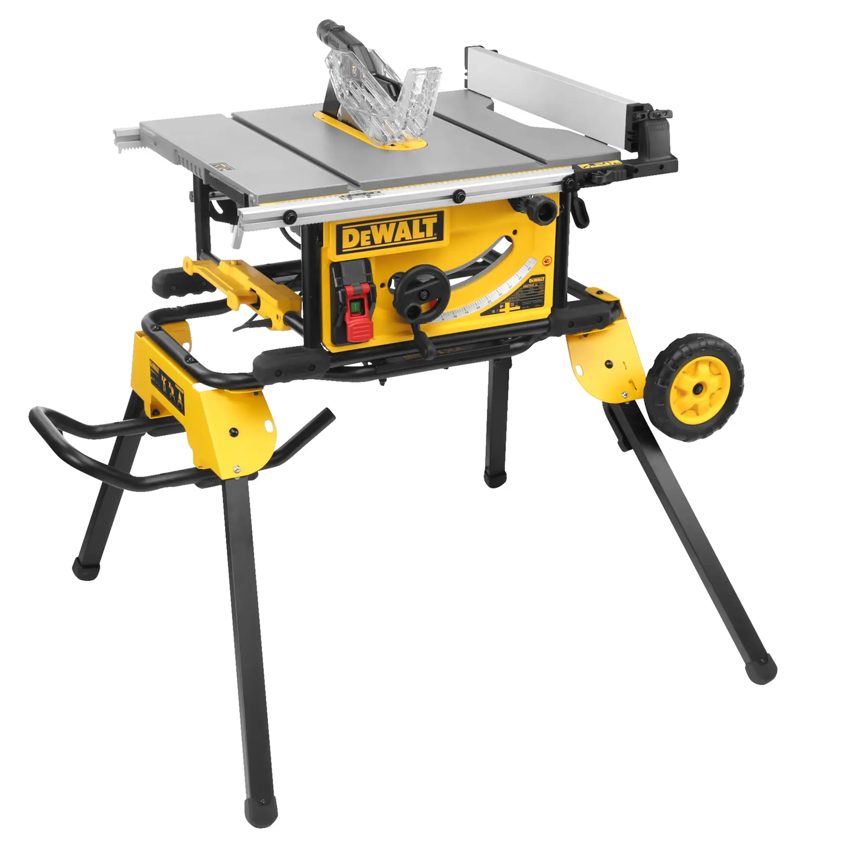 DEWALT table saw with stand and wheels, yellow and black, model DWE7492SET for woodworking.
