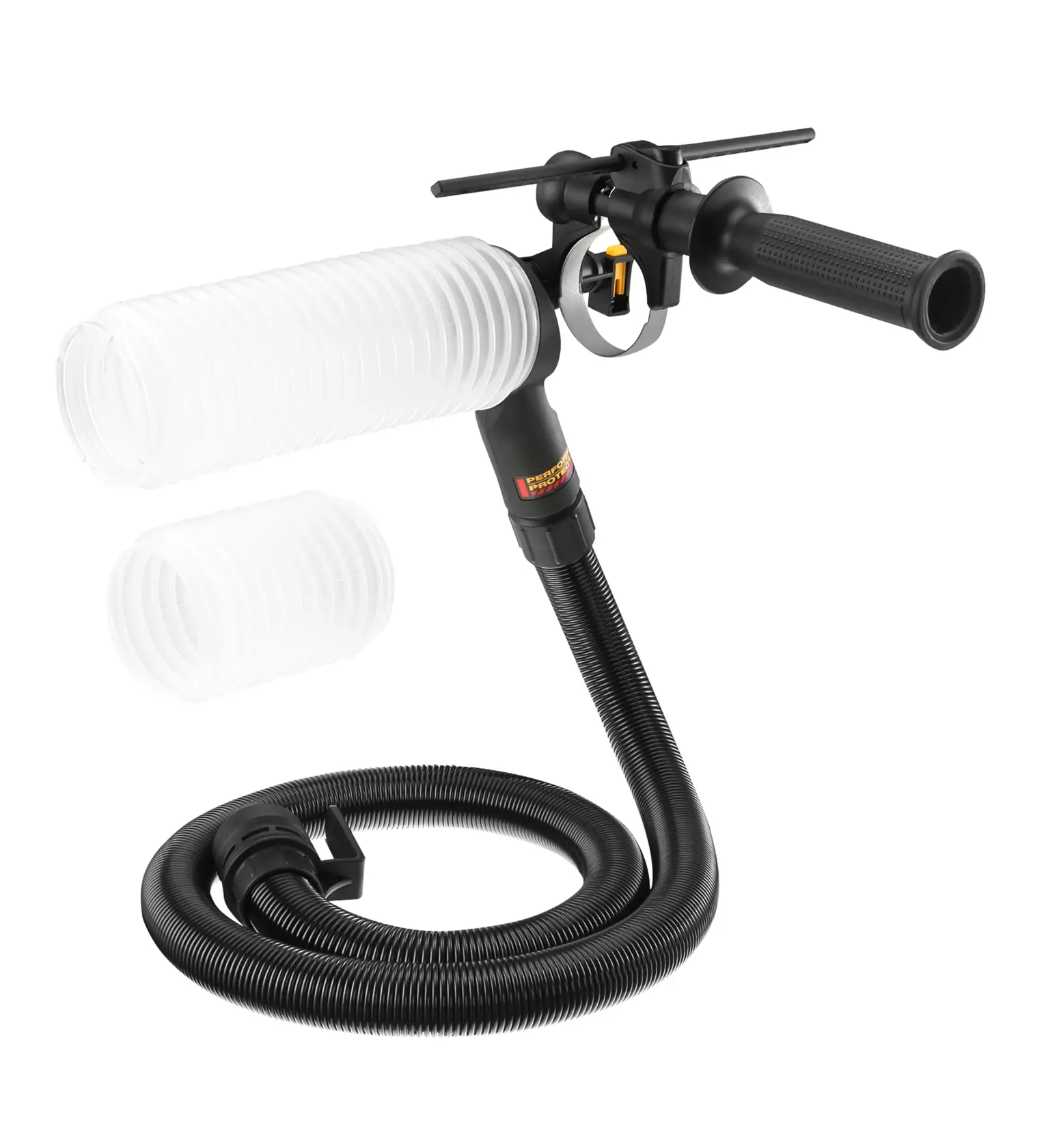 Accessoire d'extraction de poussière DEWALT avec tuyau flexible noir, poignée et embout transparent en accordéon. Comprend une extension d'embout transparente supplémentaire.