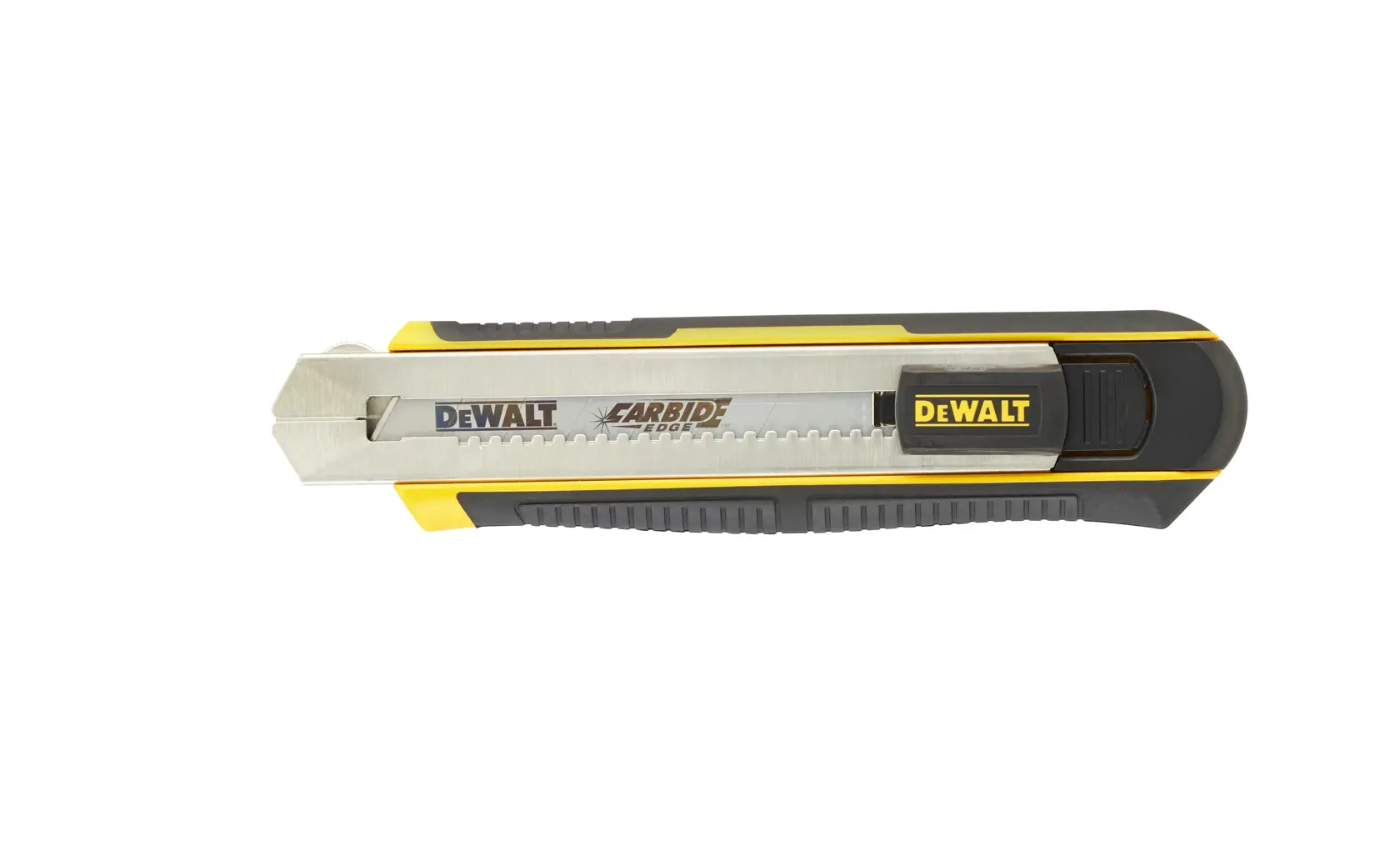 Un cutter DEWALT avec une lame rétractable en carbure et une poignée noire et jaune.