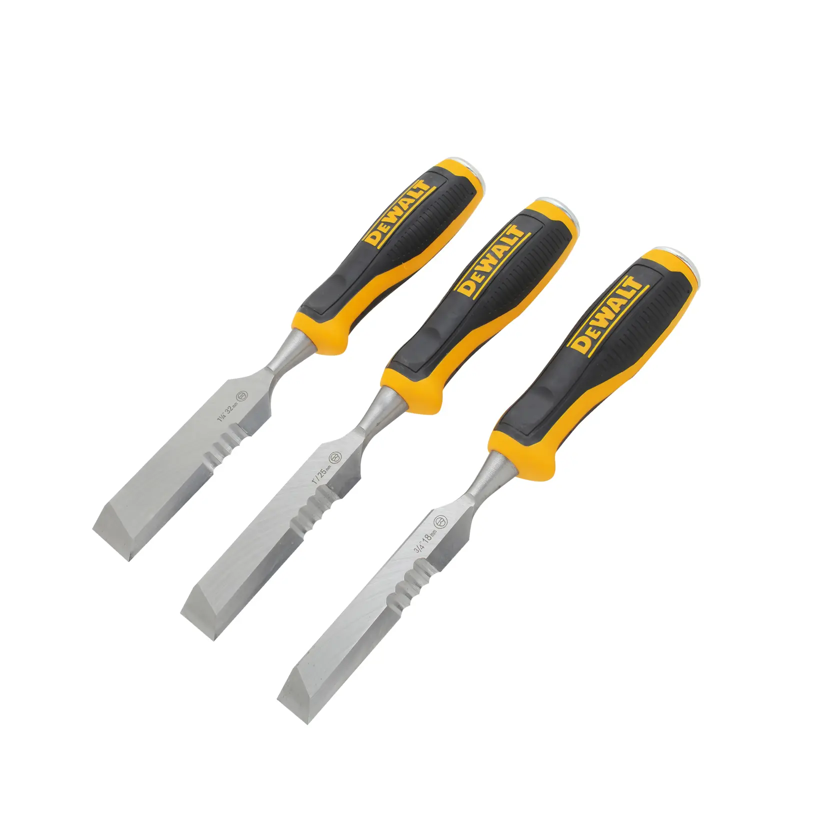 Trois ciseaux DEWALT à poignées noire et jaune sont disposés en diagonale sur fond blanc.