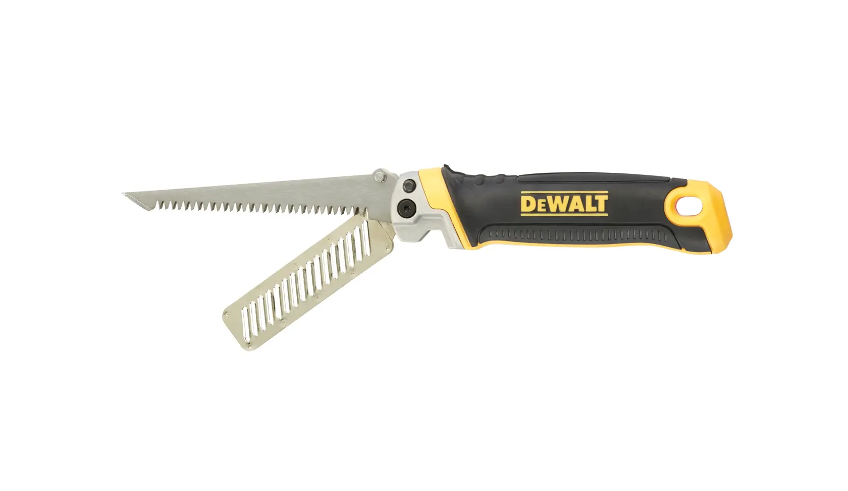 Scie à plâtre pliable DEWALT, poignée ergonomique et lame auxiliaire, design noir et jaune.