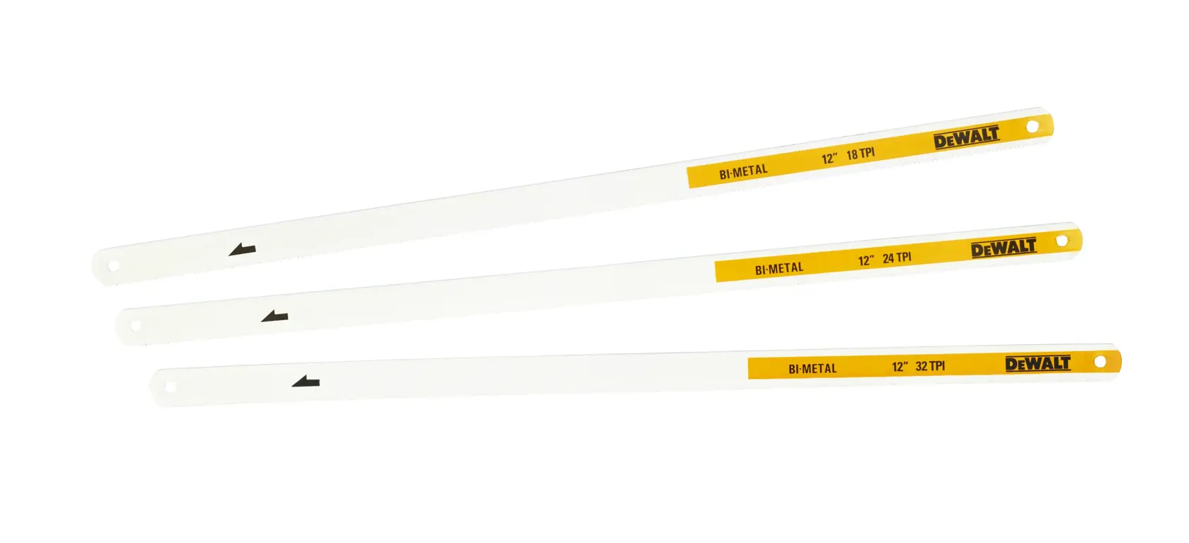 Trois lames de scie à métaux bi-métal DEWALT de 12 pouces avec des tailles différentes de dents par pouce (TPI), disposées parallèlement sur un fond blanc.