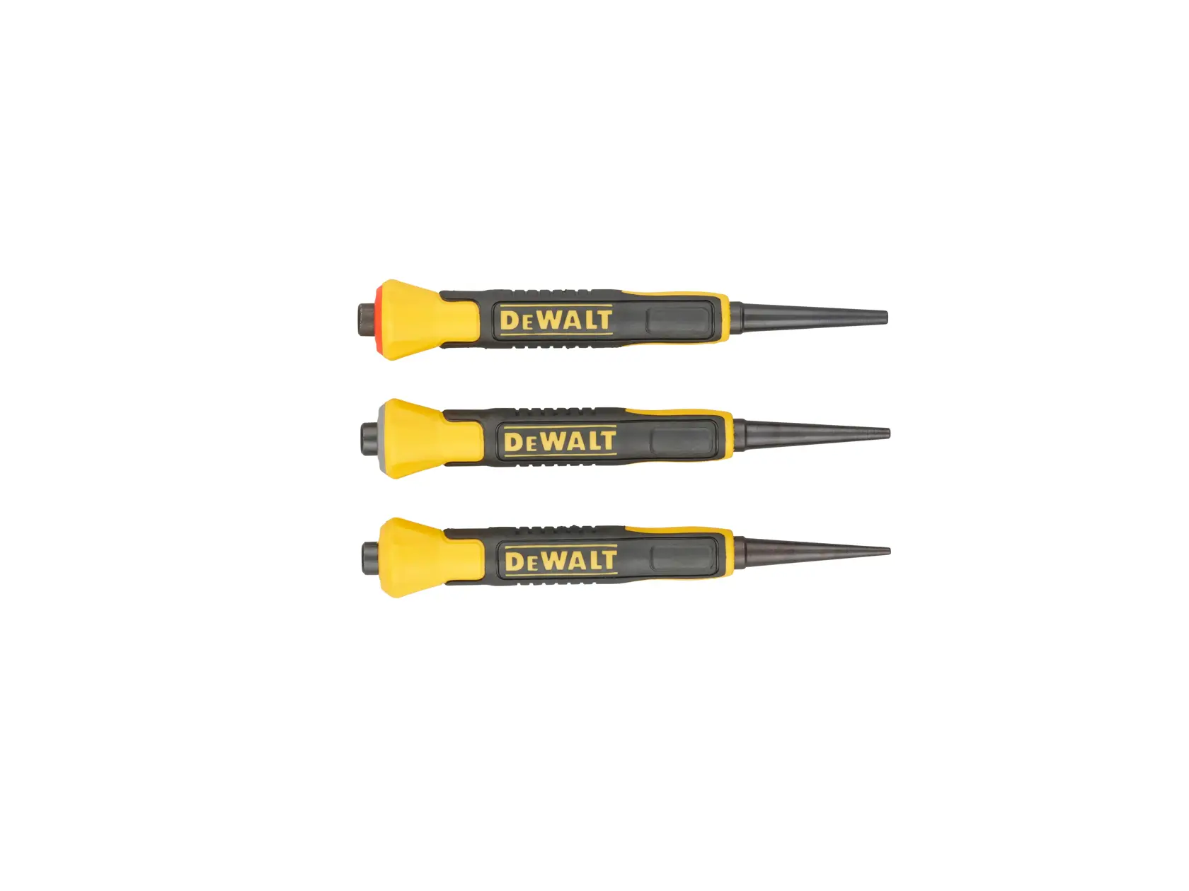 Trois poinçons DEWALT à manche jaune et noir, alignés côte à côte sur fond blanc.