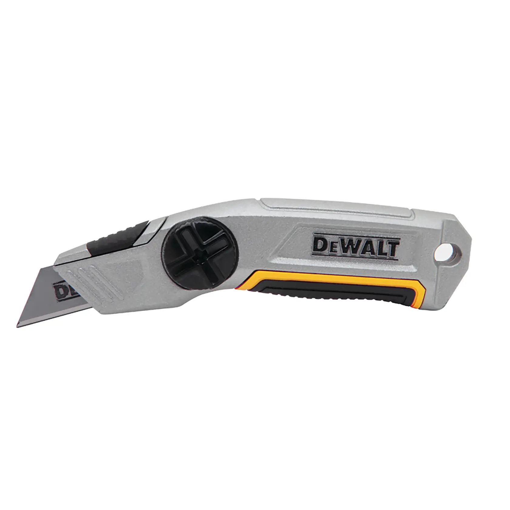 Un couteau utilitaire DEWALT avec une lame rétractable et une poignée ergonomique, doté d'un corps argenté avec des accents noirs et jaunes.