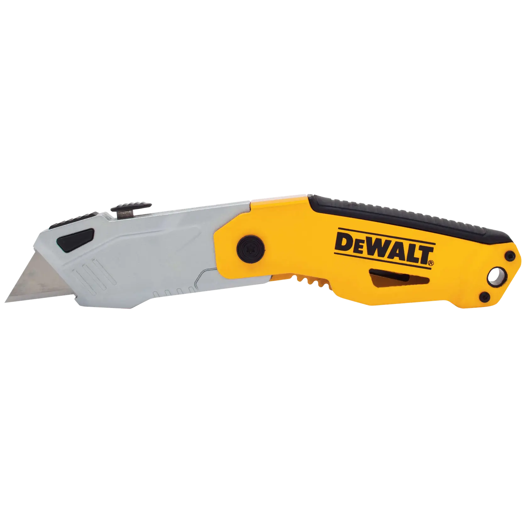 Photo of DEWALT utility knife DWHT10261, yellow and silver with black accents, side view on white background.