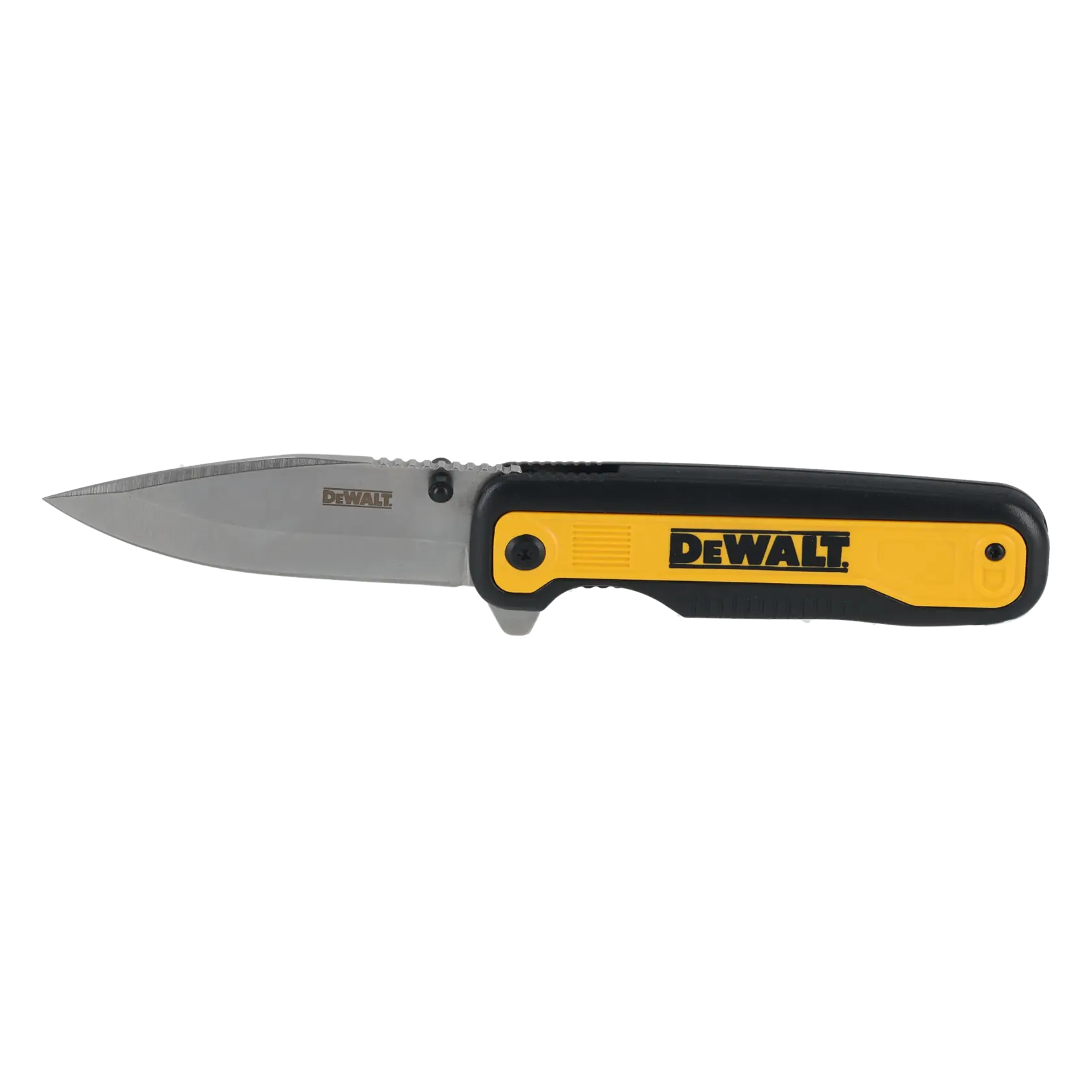 Couteau pliant DEWALT avec manche noir et jaune et lame argentée, présenté sur fond blanc.