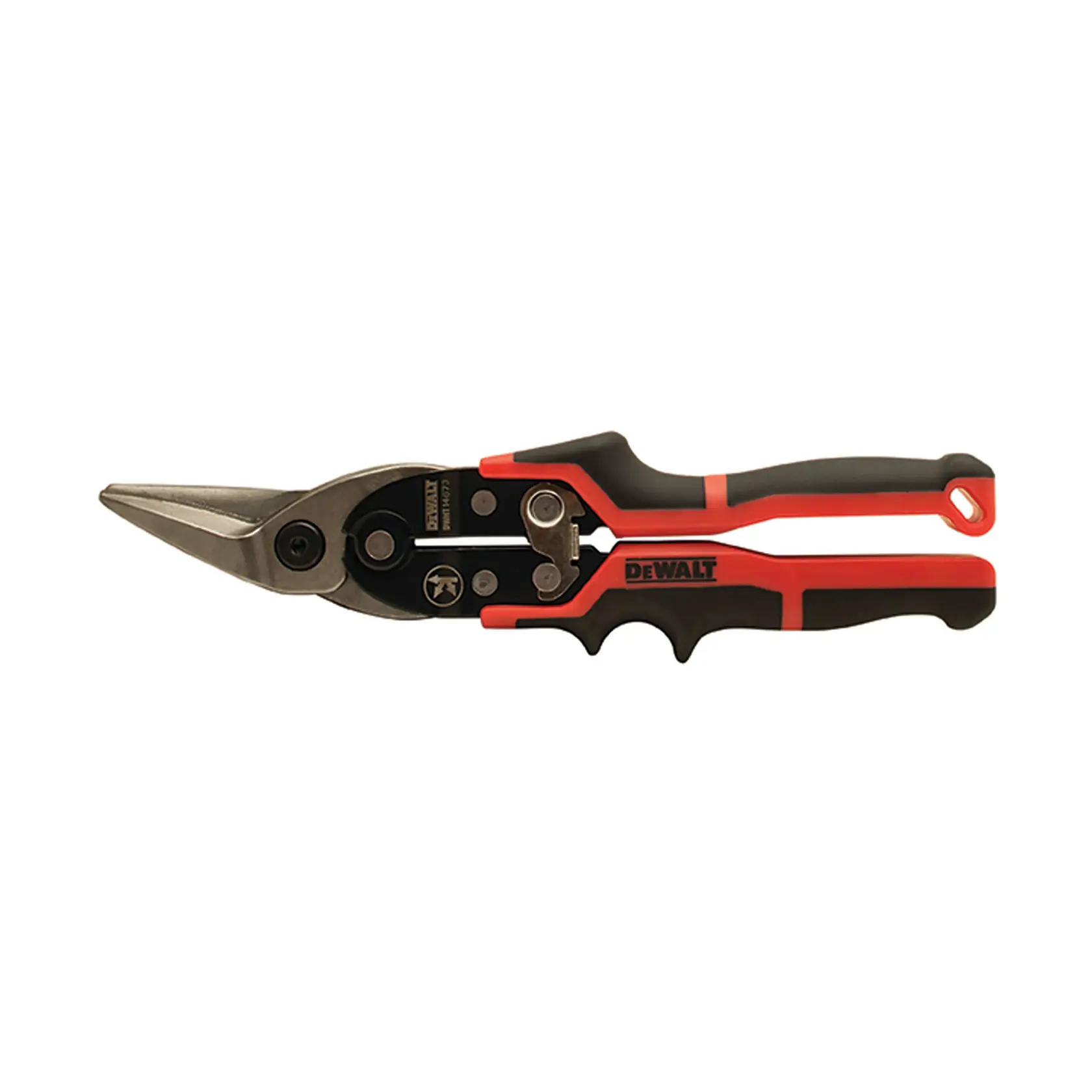 Cisailles à tôle d'aviation DEWALT avec poignées ergonomiques noires et rouges et lames de coupe inclinées, présentées sur fond blanc.