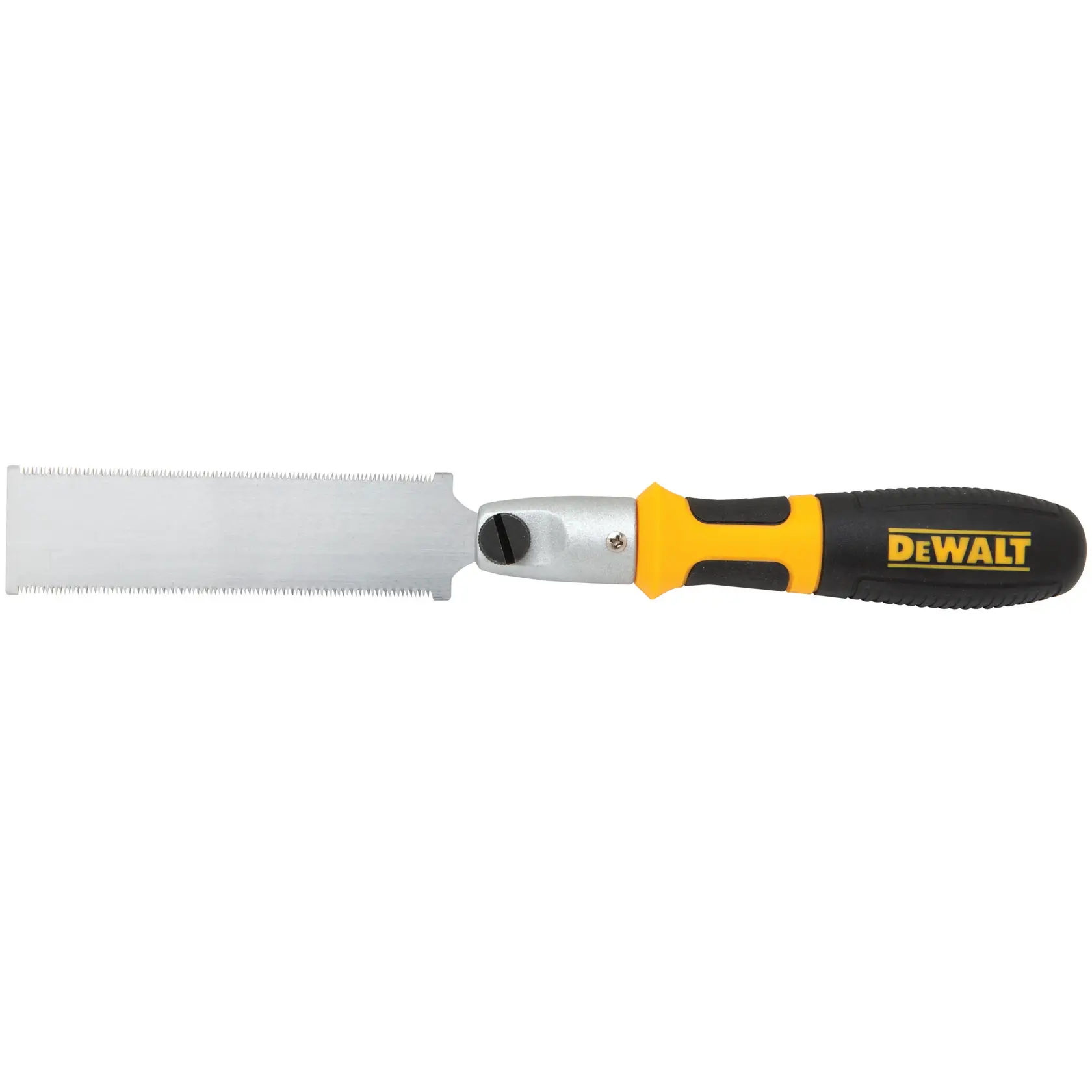 Une scie à main avec une lame rectangulaire et un manche noir et jaune portant le logo DEWALT.