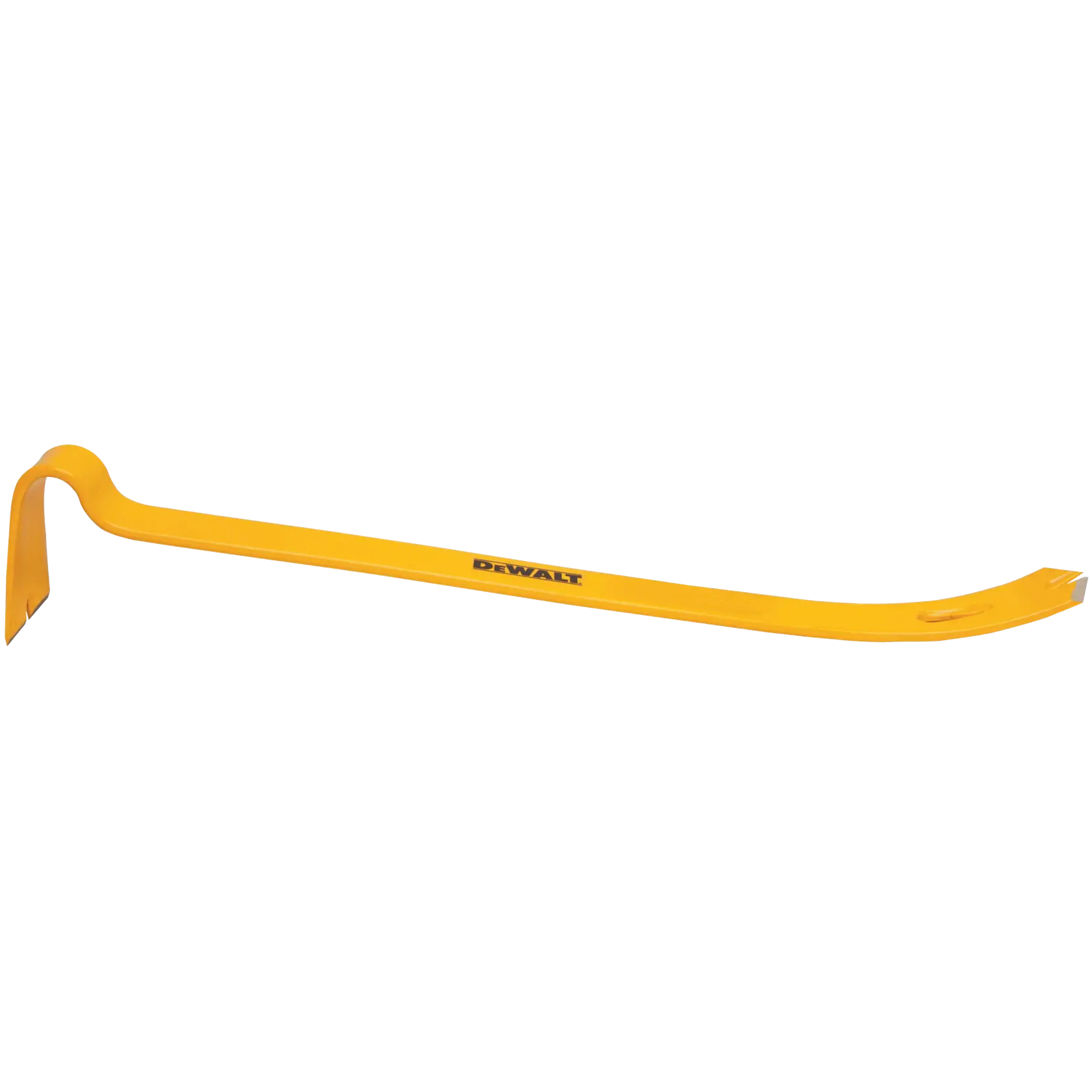 Un pied-de-biche jaune de marque DEWALT avec une extrémité courbée et une griffe plate, conçu pour les tâches de démolition et de levage.