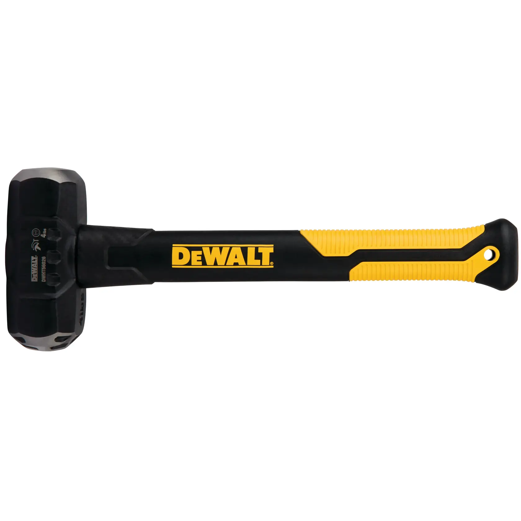A DEWALT-branded sledgehammer with a black and yellow handle, designed for heavy-duty construction or demolition work. The hammer head is solid and robust, suitable for professional use.
