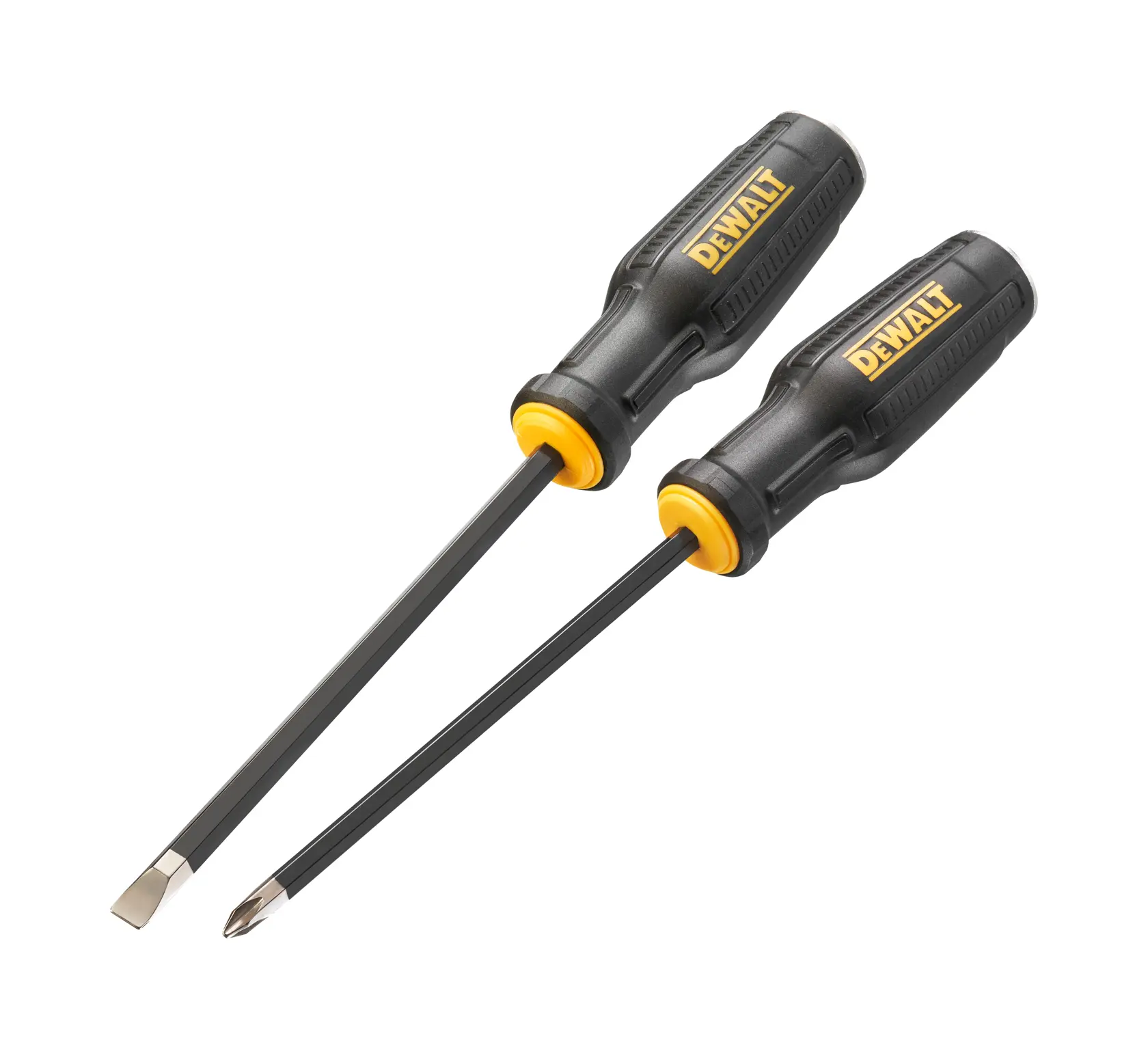 Deux tournevis DEWALT avec des poignées noires et jaunes, l'un avec une tête plate et l'autre avec une tête cruciforme, présentés côte à côte.