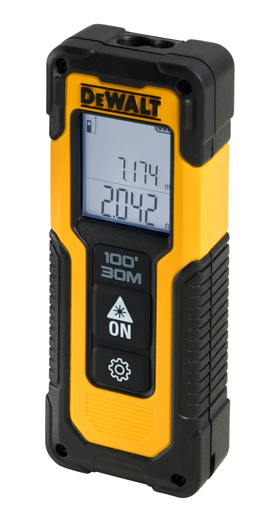 DEWALT handheld laser distance measurer with screen and 100 ft/30 m range, black and yellow body.