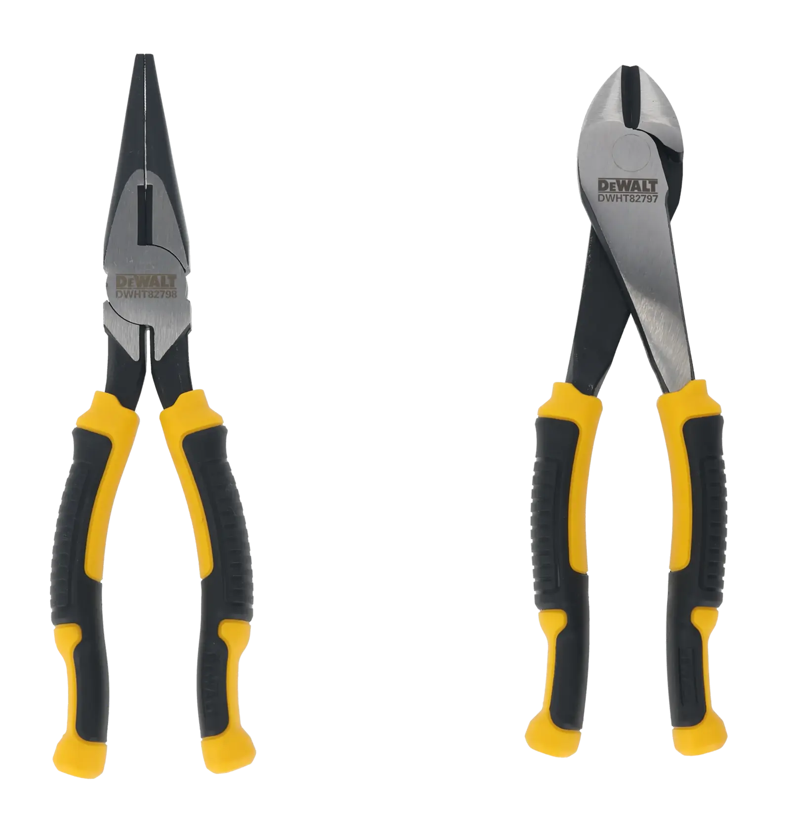 Deux pinces DEWALT avec des poignées jaunes et noires sont présentées sur un fond blanc. L'une est une pince à bec long, l'autre est une pince coupante diagonale.