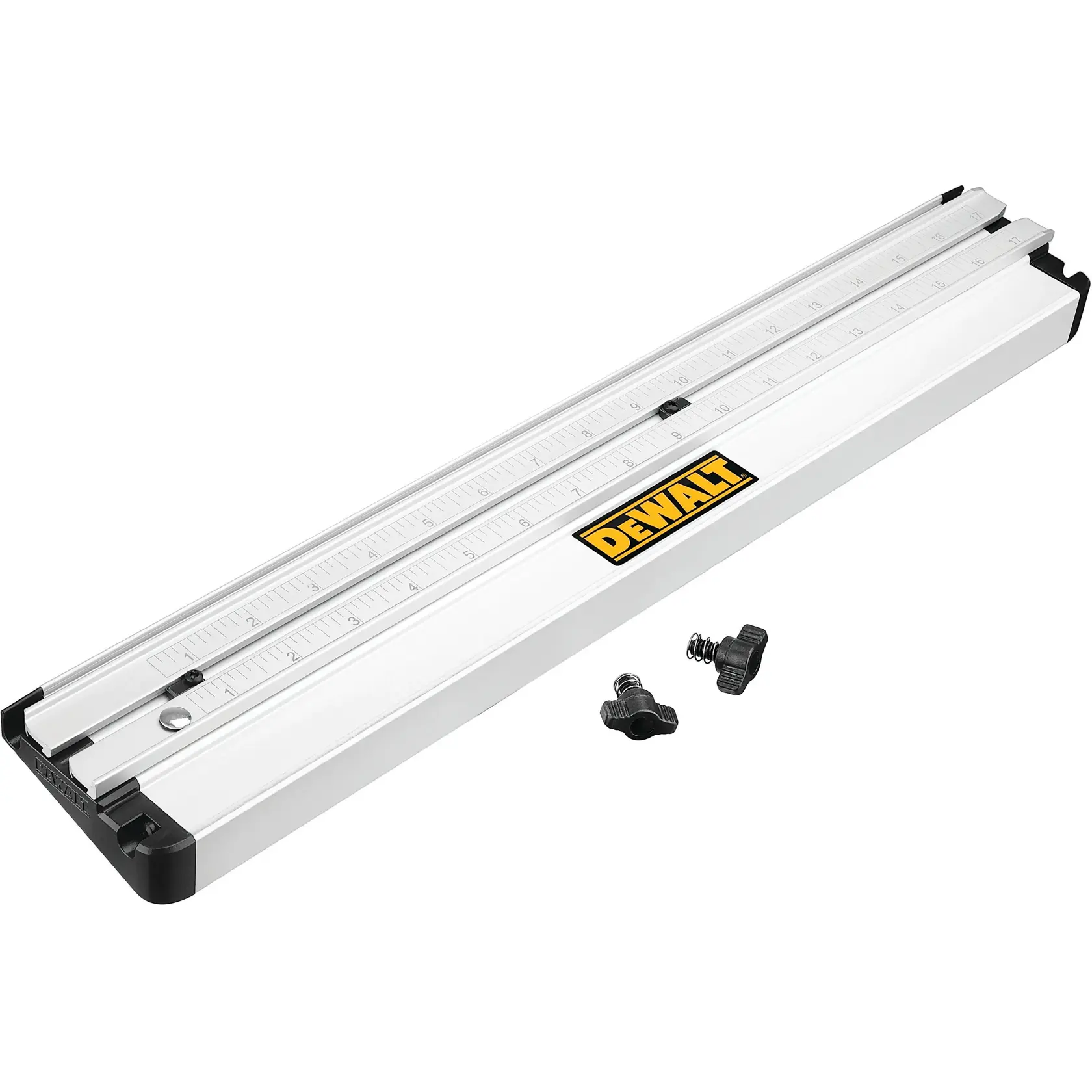 Guide parallèle DEWALT DWS5100 en aluminium avec graduations et accessoires de fixation.