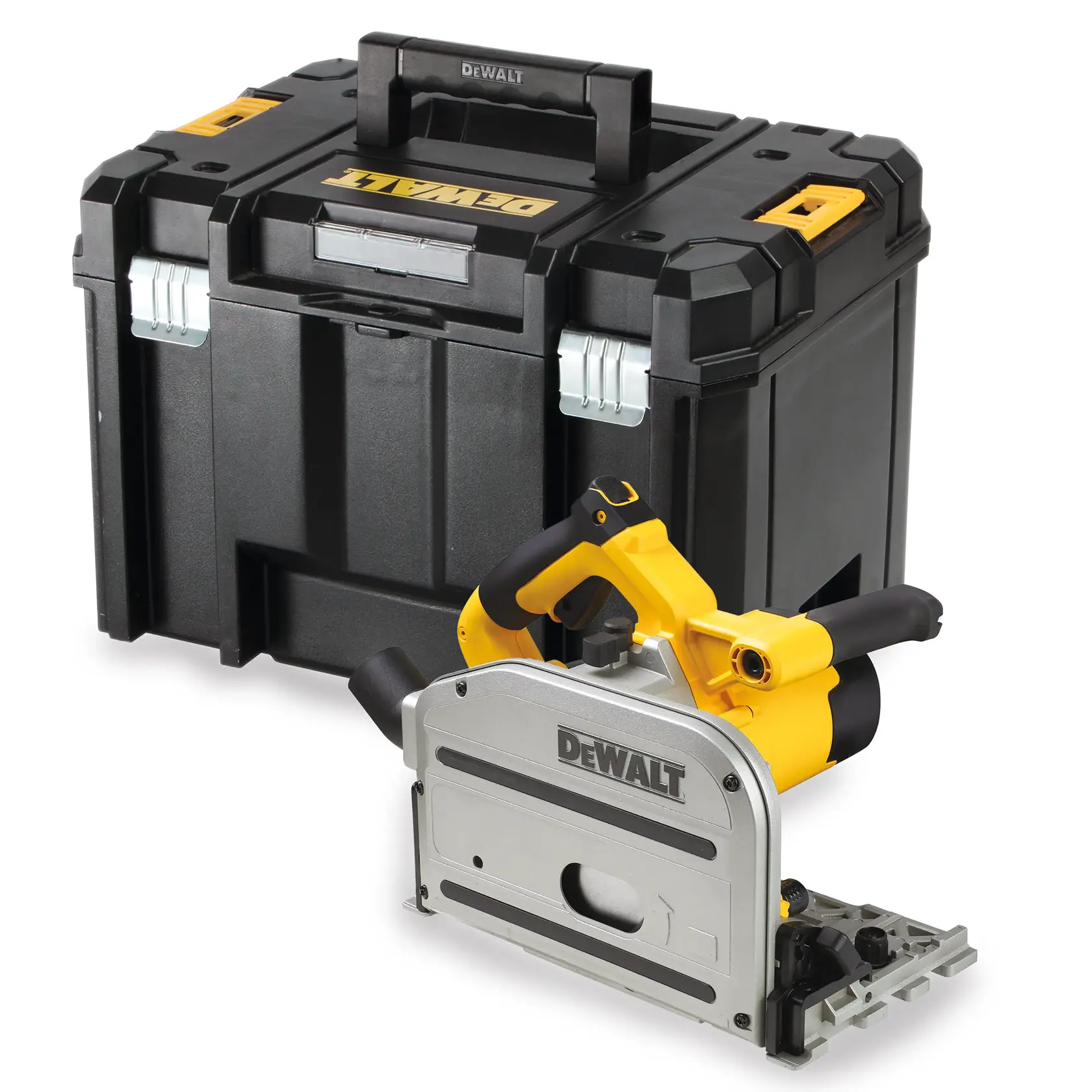 DEWALT plunge saw with a sturdy black carrying case, both branded, for woodworking and construction.