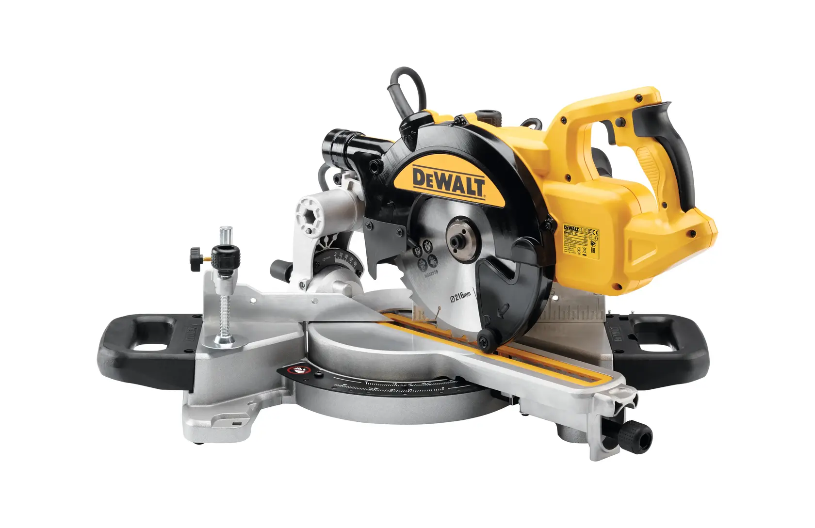 DEWALT DWS773 yellow and black mitre saw with blade guard and ergonomic handle on a white background.