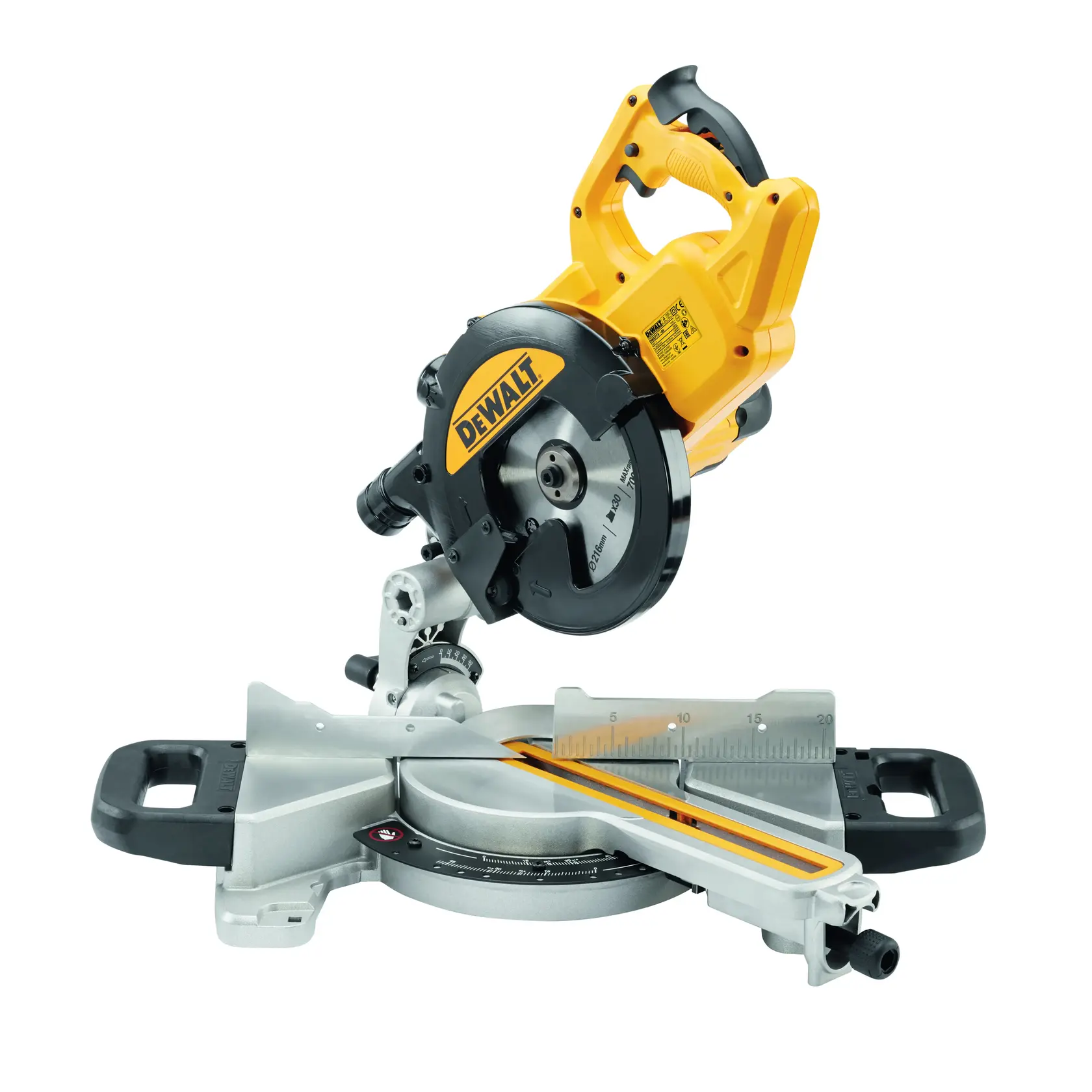 DEWALT DWS774 miter saw, yellow and black, side angle on white background.