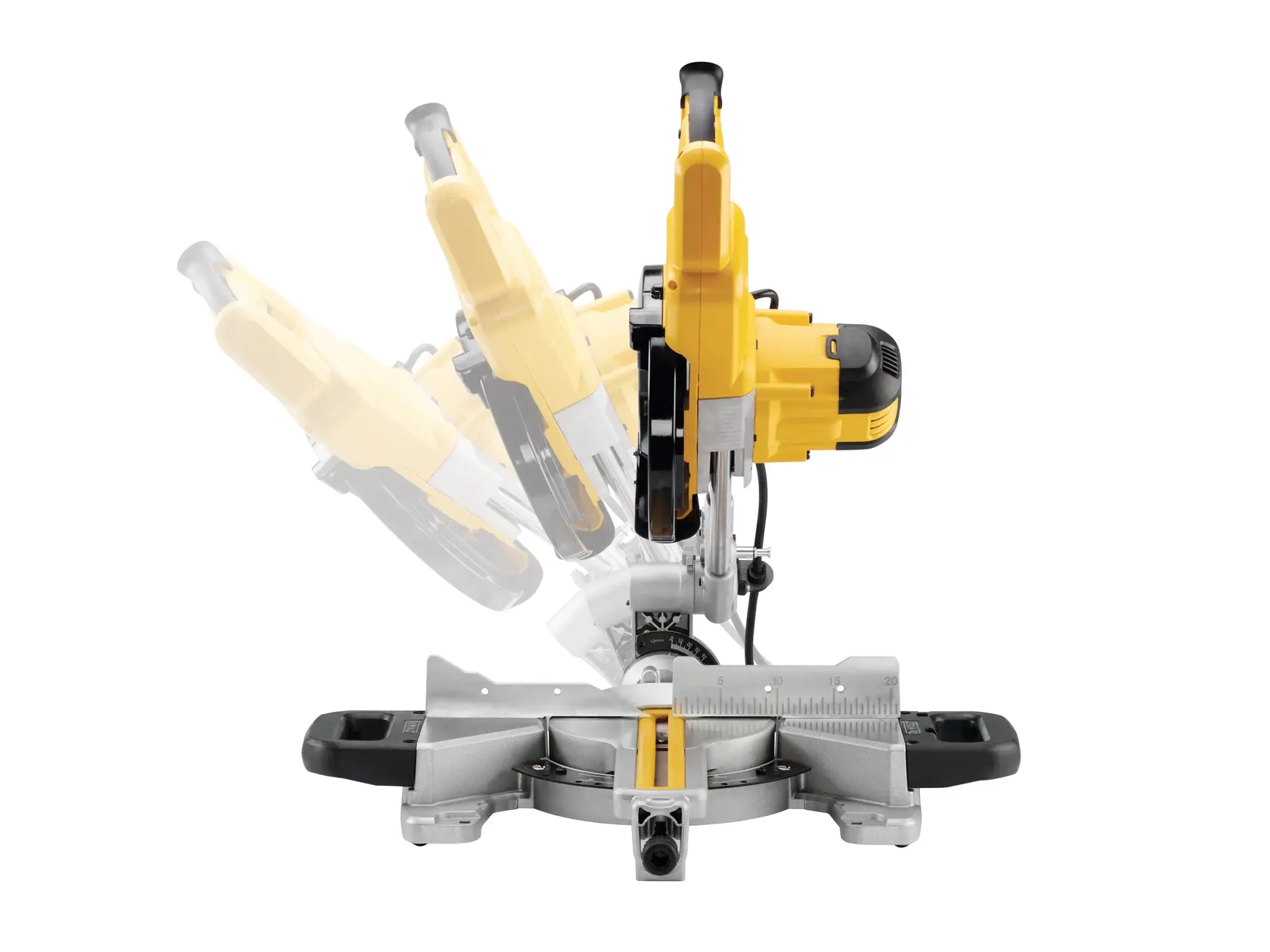 Front view photo of DEWALT DWS774 mitre saw showing blade tilt positions on white background.