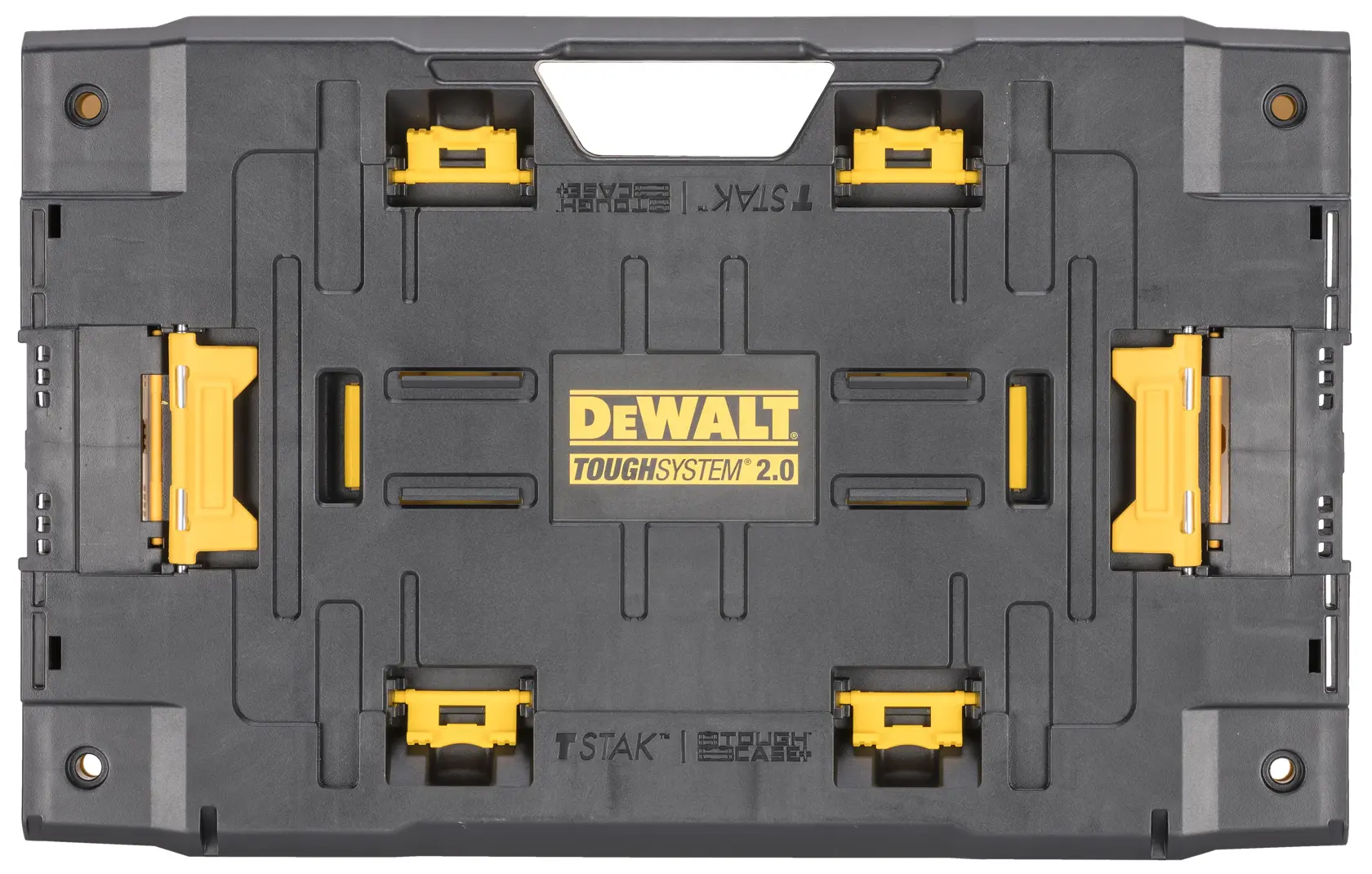 Boîte de rangement DEWALT ToughSystem 2.0 noire avec loquets jaunes et poignée, vue du dessus.