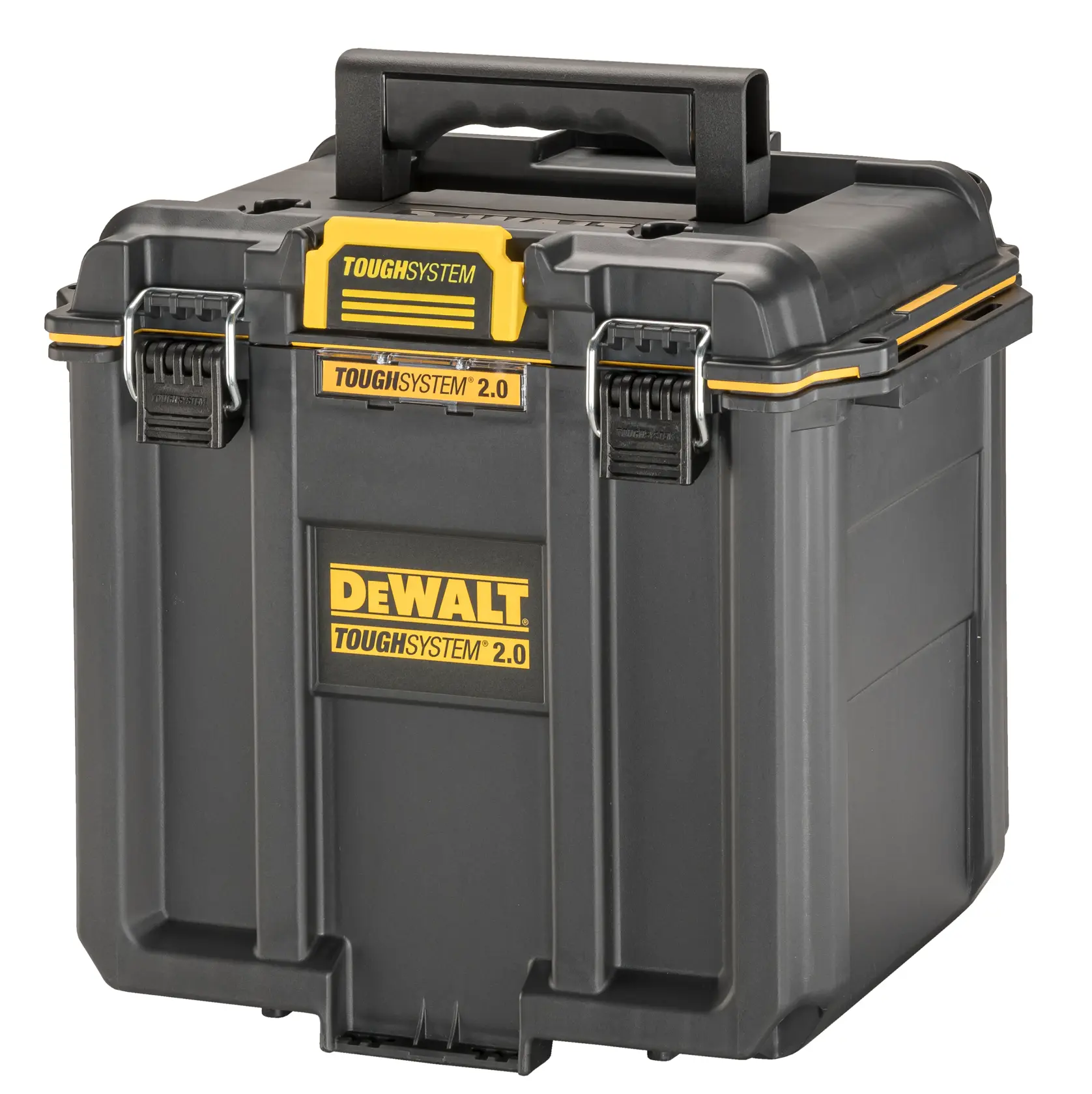 Une boîte de rangement DEWALT ToughSystem 2.0 au design noir et jaune, équipée d'une poignée solide et de loquets métalliques sécurisés.