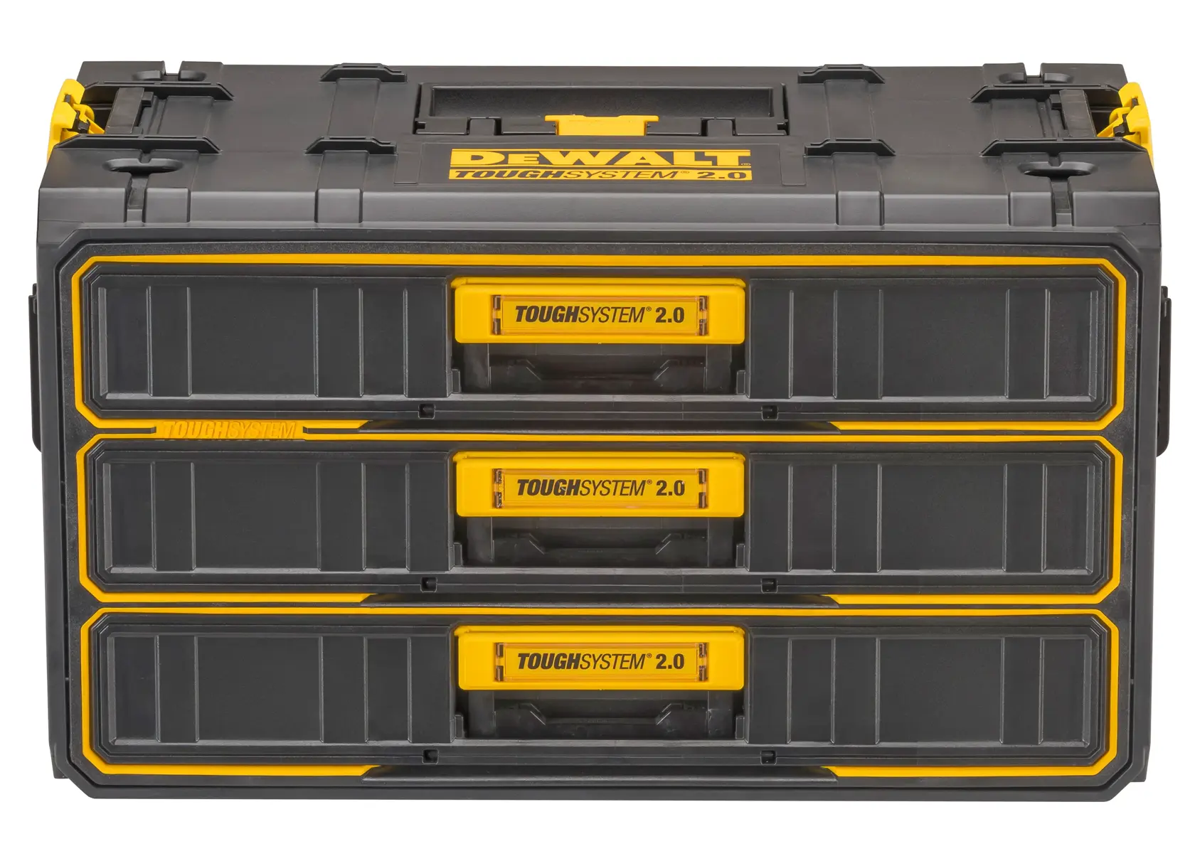 Boîte DEWALT ToughSystem 2.0, trois tiroirs, noire et jaune, robuste pour outils et accessoires.