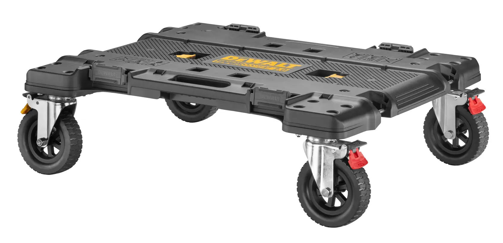 Plateforme roulante DEWALT noire à quatre roues pour transporter des objets lourds, sur fond blanc.
