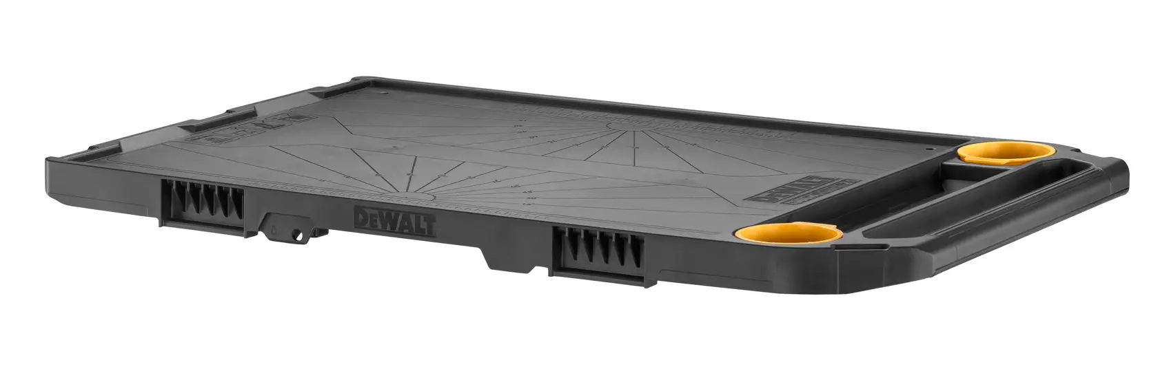 Plateau DEWALT noir pour photographie avec deux porte-jaunes, plat et rectangulaire pour outils ou accessoires.