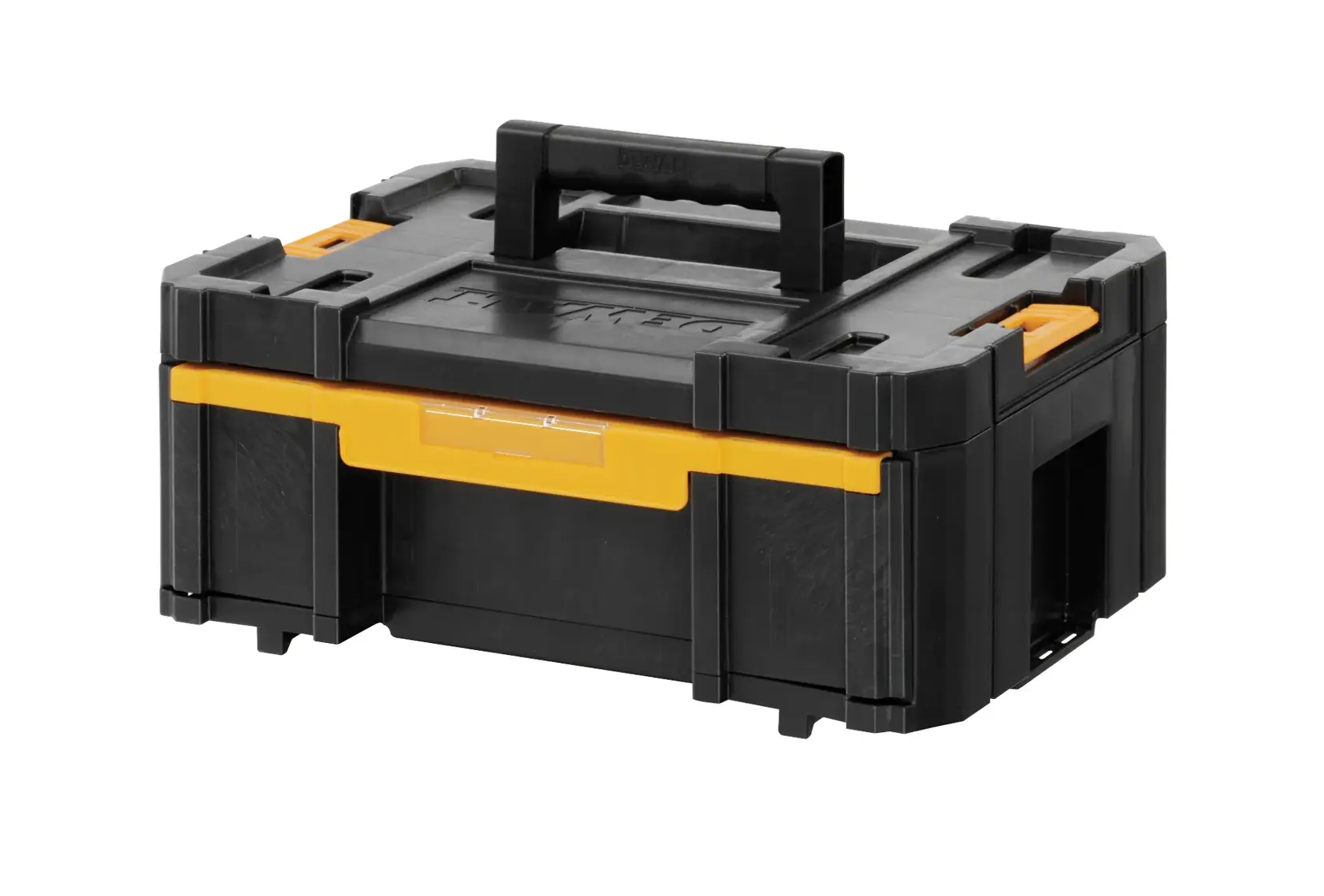 Boîte à outils DEWALT noire et jaune avec poignée centrale. Solide pour ranger et transporter des outils.