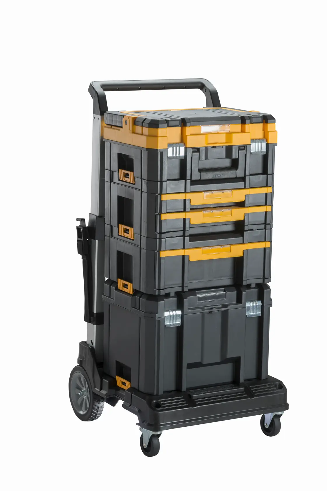 Chariot DEWALT de rangement empilable avec boîtes noires et jaunes et roues.