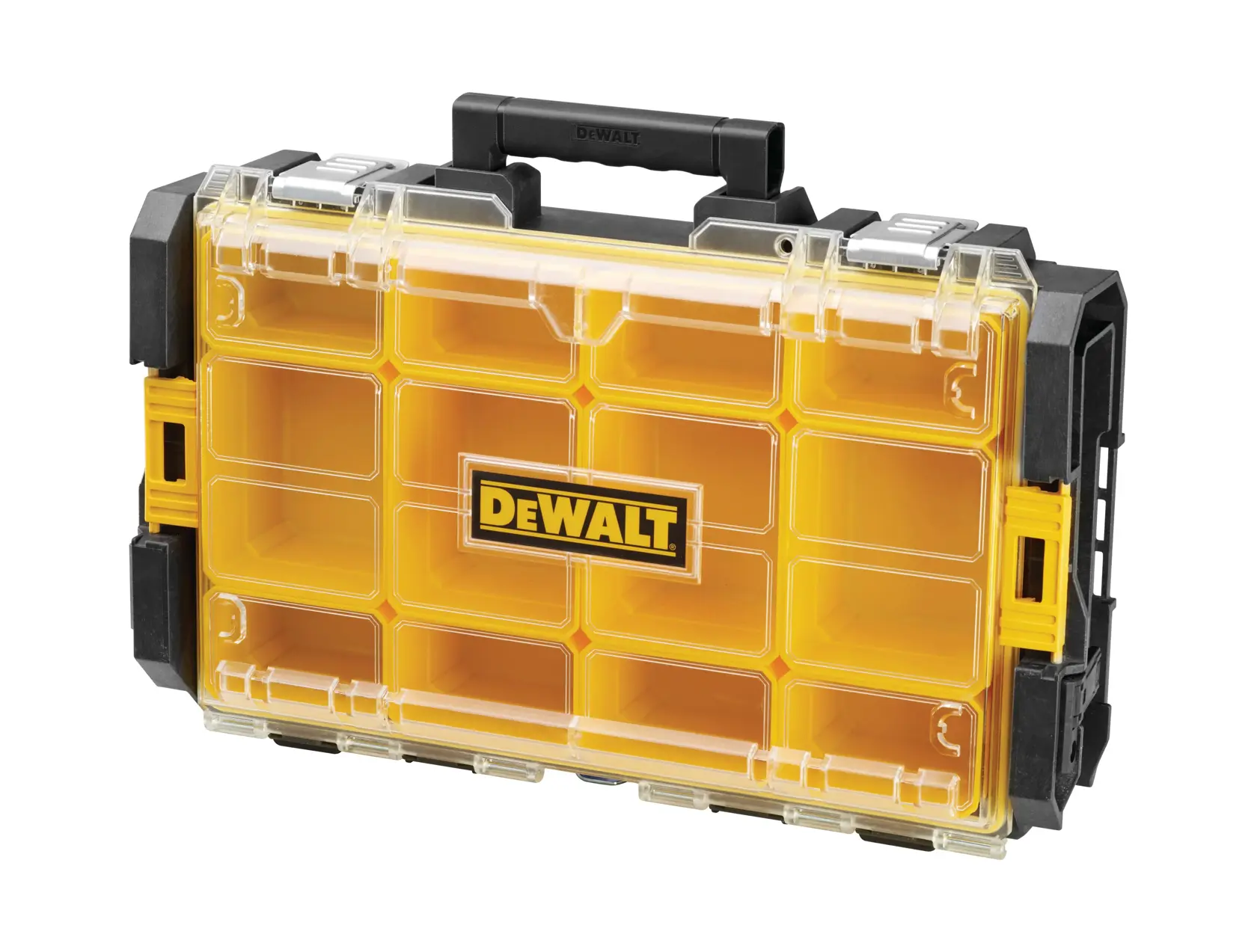Une mallette organisatrice en plastique jaune et noire de marque DEWALT avec un couvercle transparent, plusieurs compartiments et une poignée noire. La mallette est conçue pour ranger des petits outils, accessoires ou pièces de quincaillerie.
