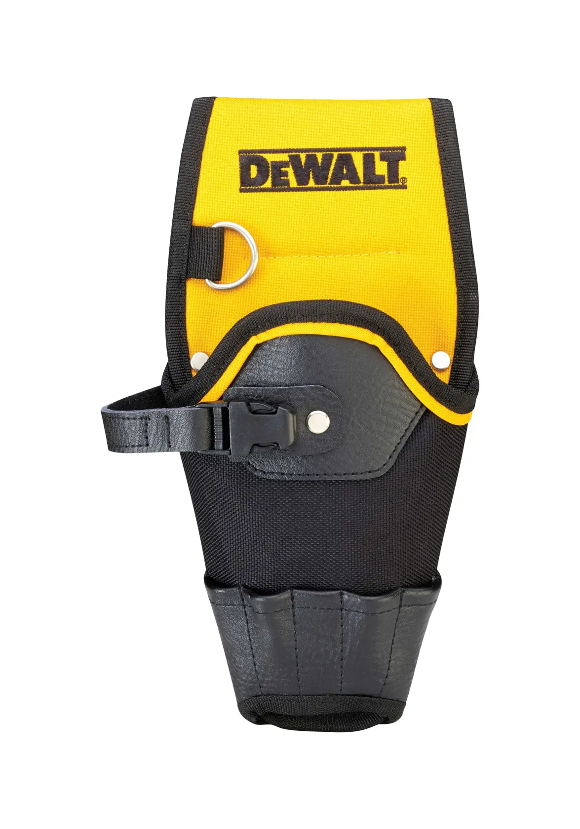Un porte-outils jaune et noir de marque DEWALT avec une boucle, un anneau métallique et des coutures renforcées, conçu pour transporter des outils à main.