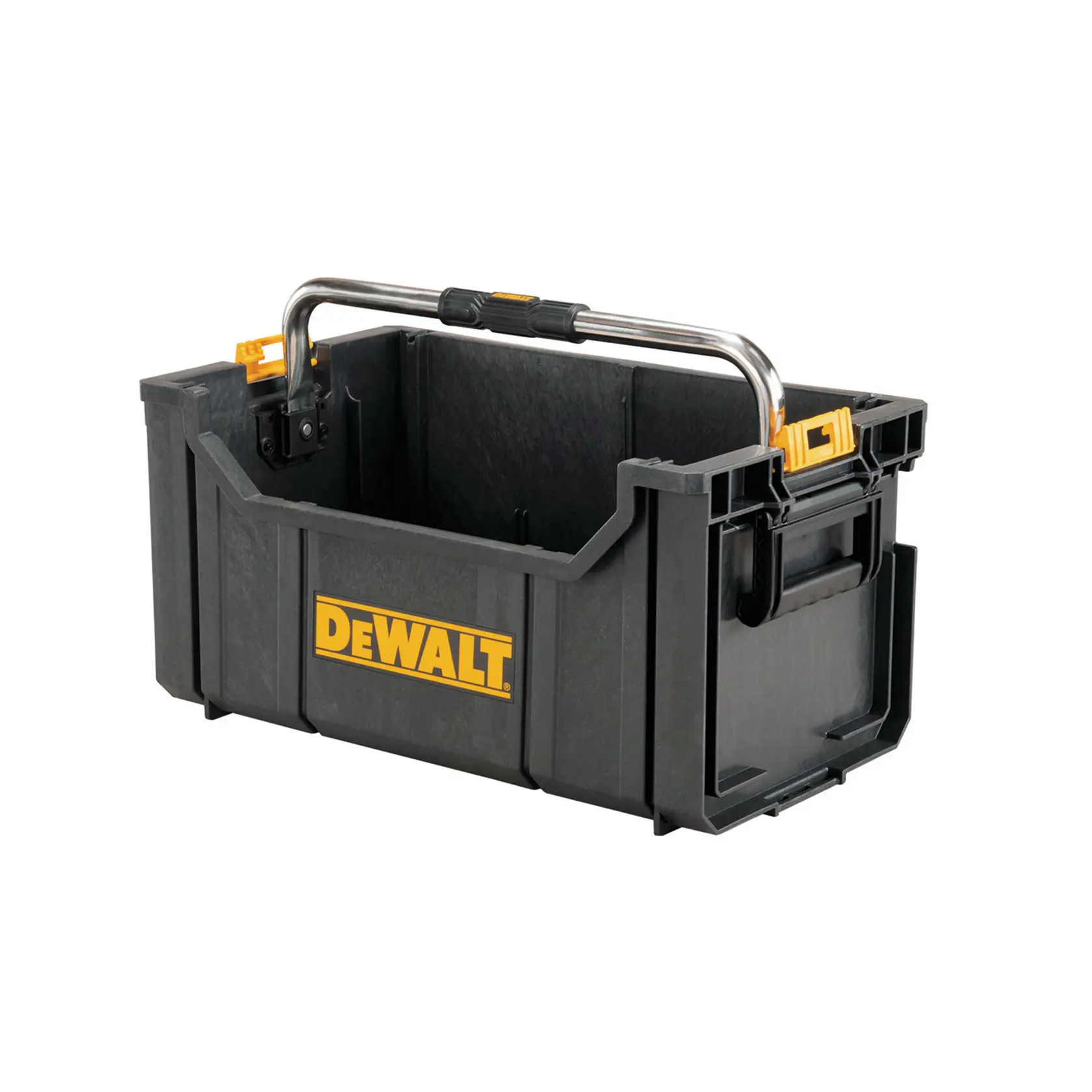 Boîte à outils ouverte DEWALT noire avec logo jaune et poignée métallique pour transporter.