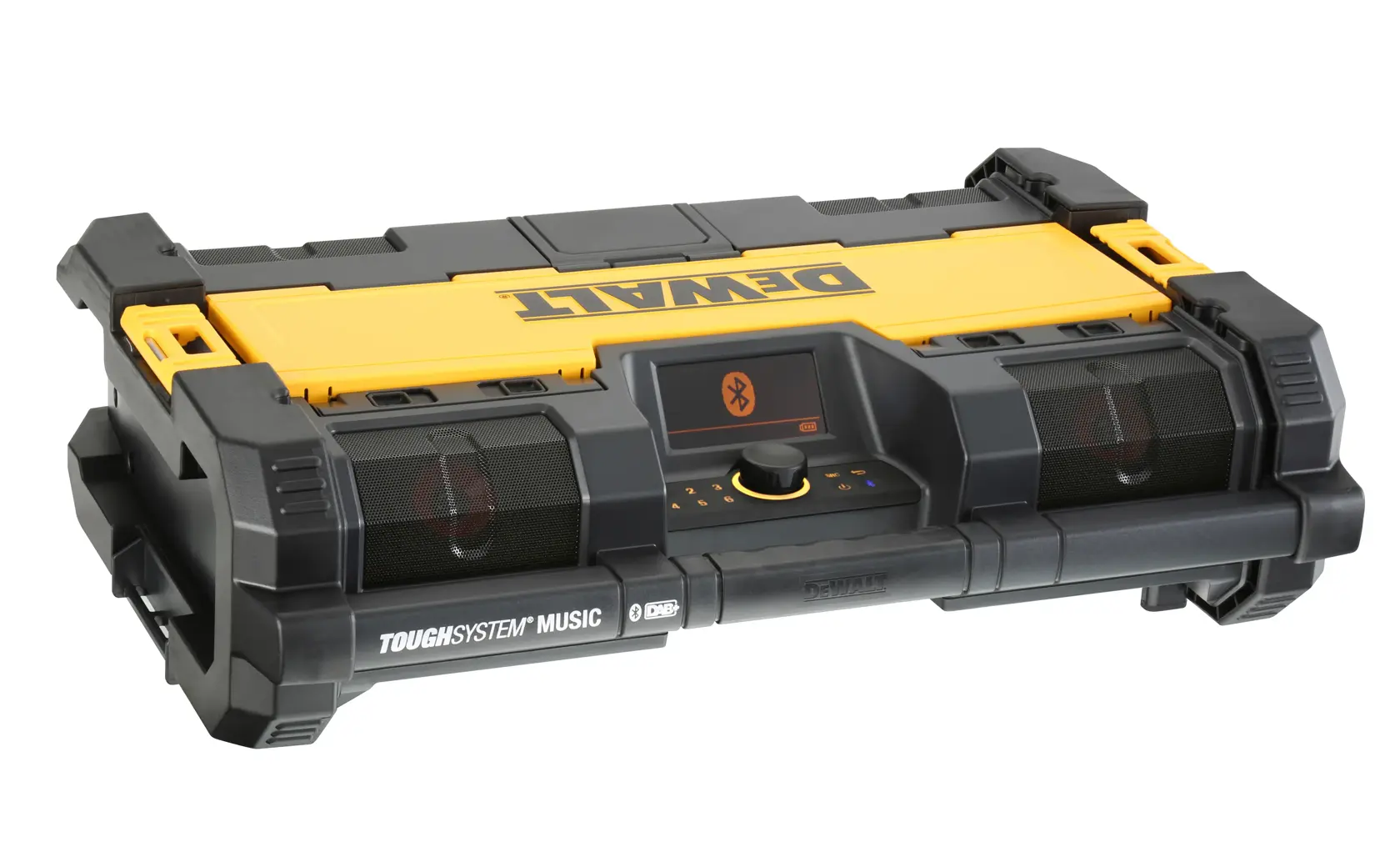 Front view of a DEWALT portable radio and charger unit with a yellow and black design, featuring control buttons, a handle on top, speakers on both sides, and the DEWALT logo prominently displayed in the center.