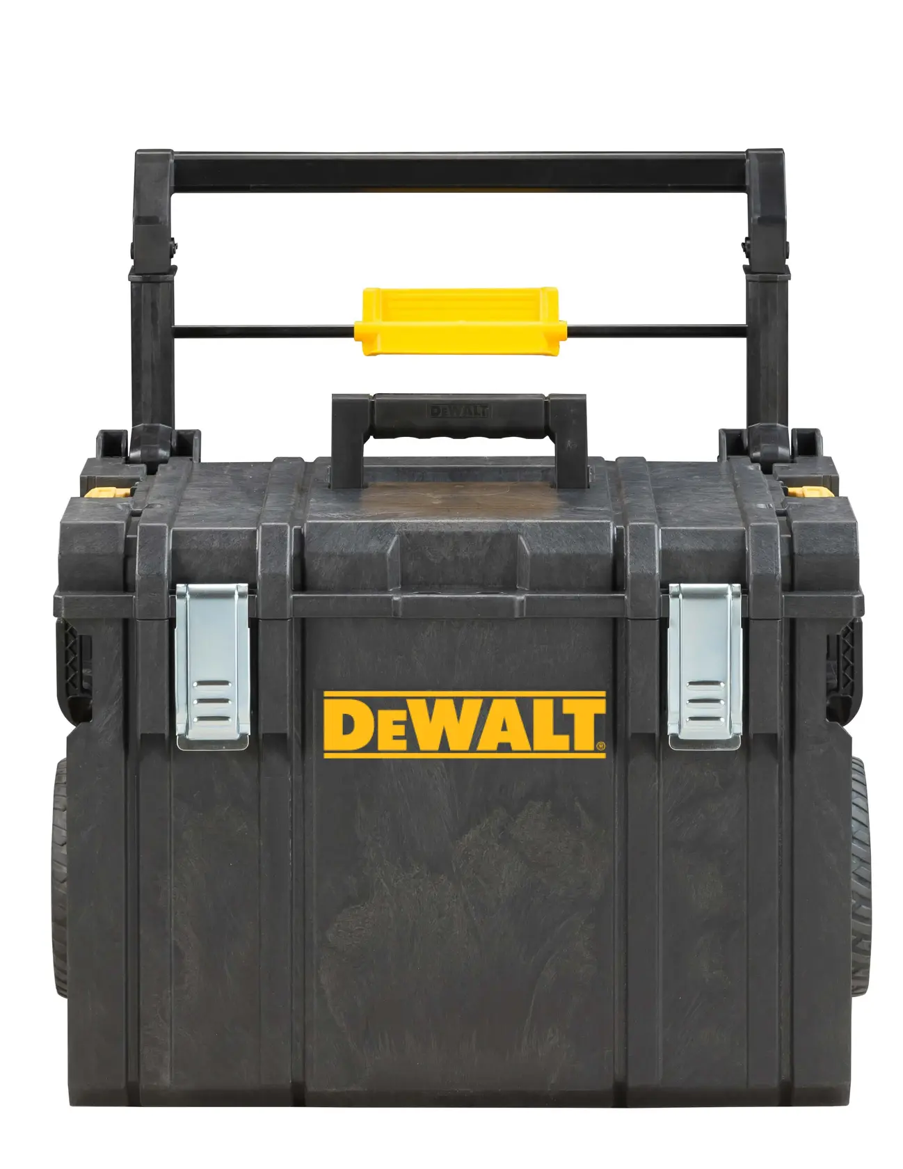 Vue de face d'une boîte à outils roulante noire DEWALT avec un logo jaune, une poignée solide et des loquets métalliques.