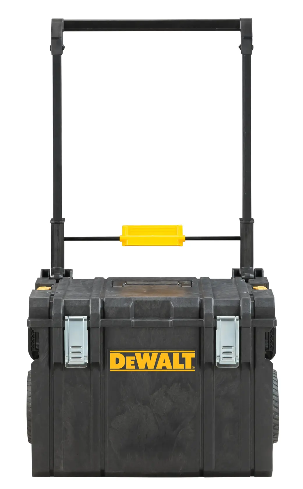 Graphique promotionnel DEWALT ToughSystem 2.0 avec le slogan 'Storage Built to Handle It' en grandes lettres jaunes sur un fond sombre texturé.