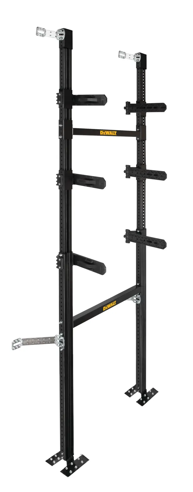 Rack de photographie en métal noir réglable DEWALT DWST1-81042 avec plusieurs bras de support et supports de fixation.