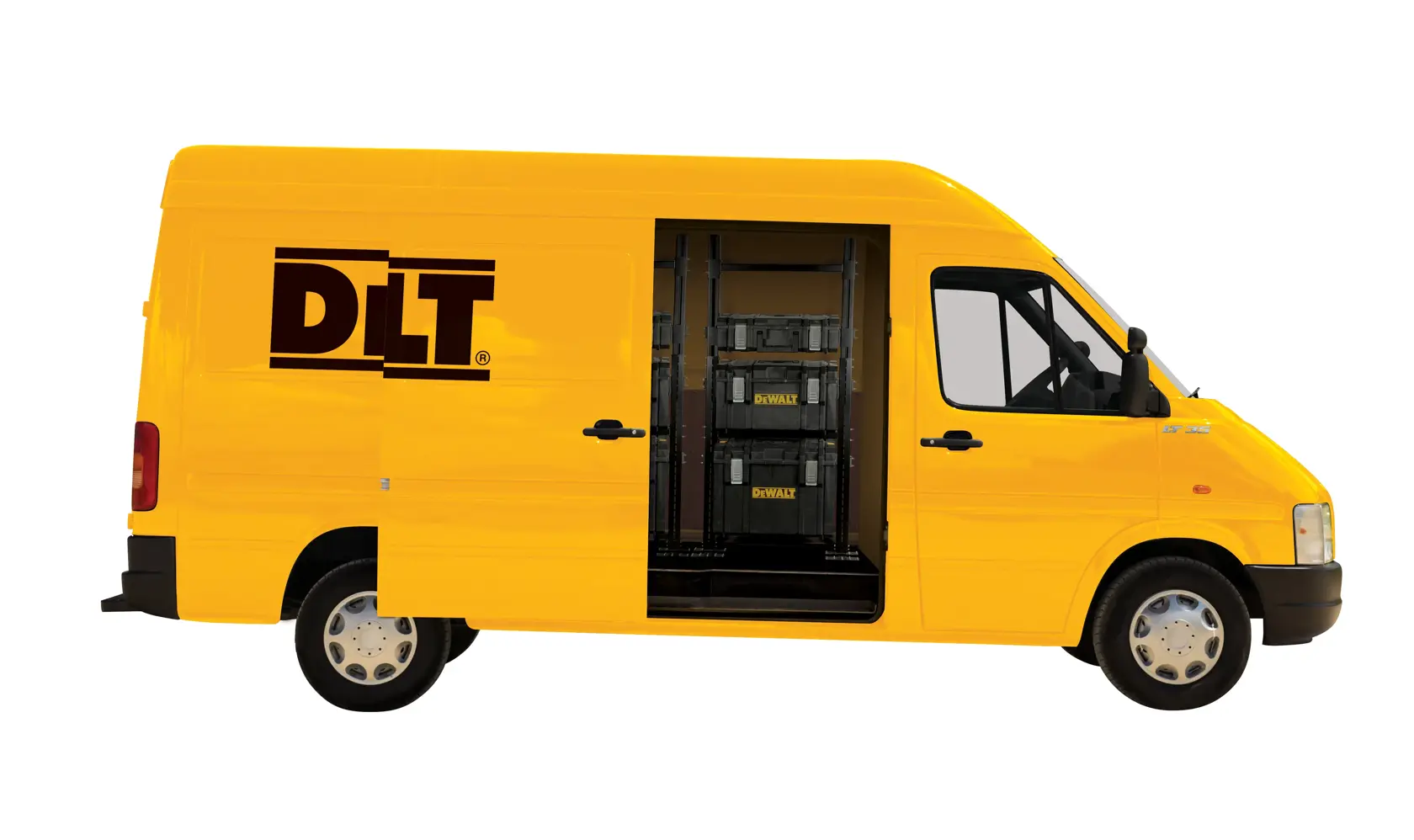 Graphique promotionnel DEWALT ToughSystem 2.0 avec le slogan 'Storage Built to Handle It' en grandes lettres jaunes sur un fond sombre texturé.