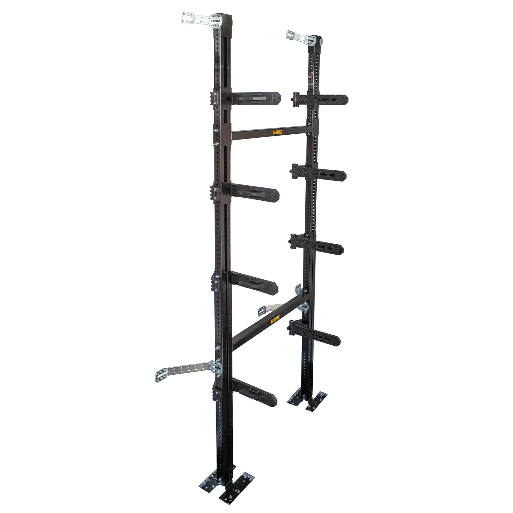 A DEWALT vertical storage rack with multiple adjustable arms, designed for organizing and holding materials such as lumber or pipes, shown assembled on a white background.