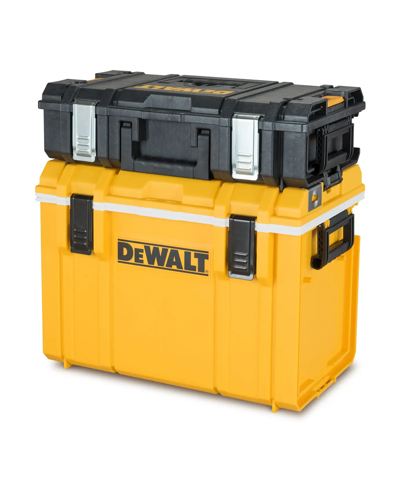 Graphique promotionnel DEWALT ToughSystem 2.0 avec le slogan 'Storage Built to Handle It' en grandes lettres jaunes sur un fond sombre texturé.