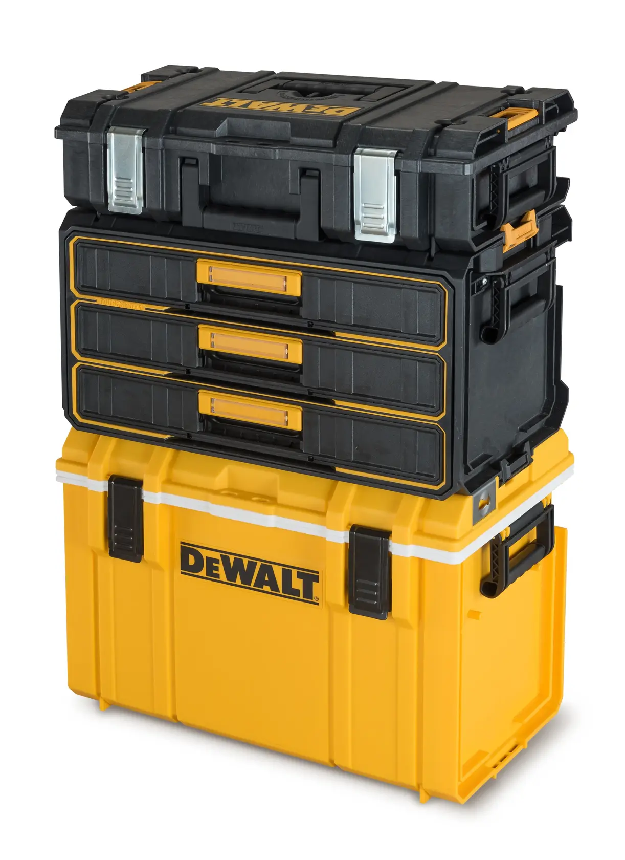 Graphique promotionnel DEWALT ToughSystem 2.0 avec le slogan 'Storage Built to Handle It' en grandes lettres jaunes sur un fond sombre texturé.