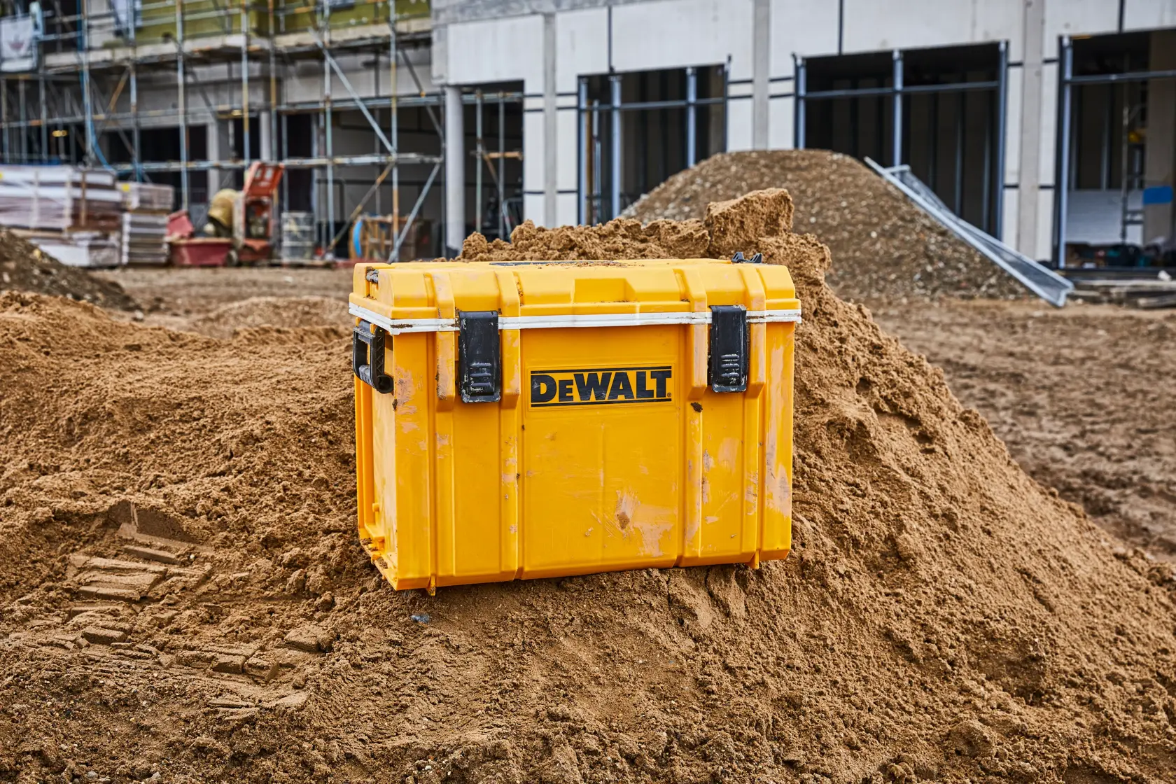 DEWALT ToughSystem 2.0 promotional graphic with the slogan 'Storage Built to Handle It' in large, bold yellow lettering on a dark, textured background.