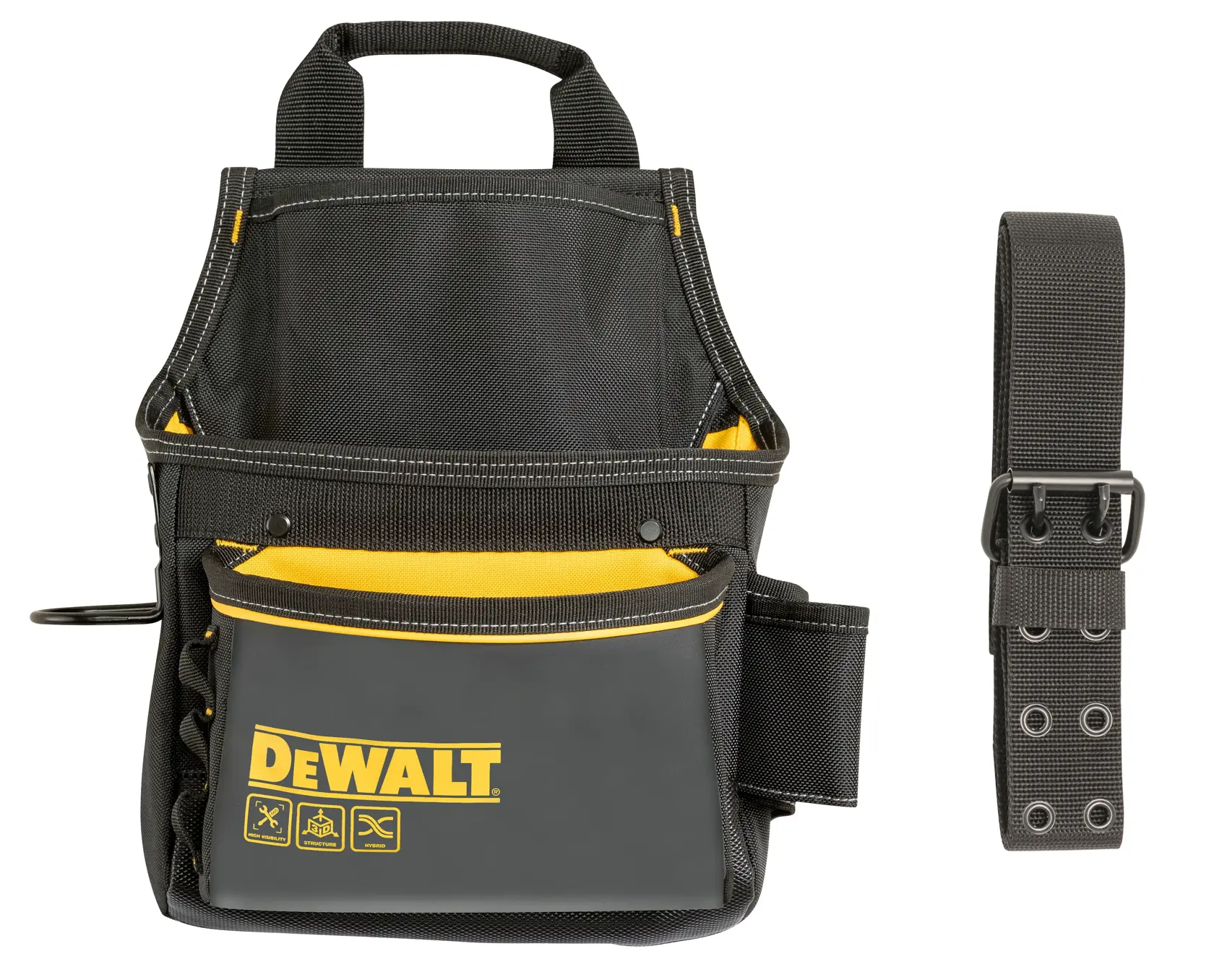 Pochette à outils noire DEWALT avec accents jaunes et ceinture réglable assortie pour transporter des outils.