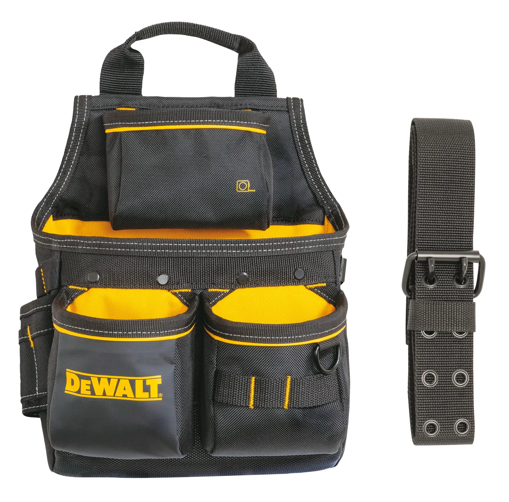 Pochette à outils DEWALT noire et jaune avec plusieurs poches et une sangle réglable séparée.