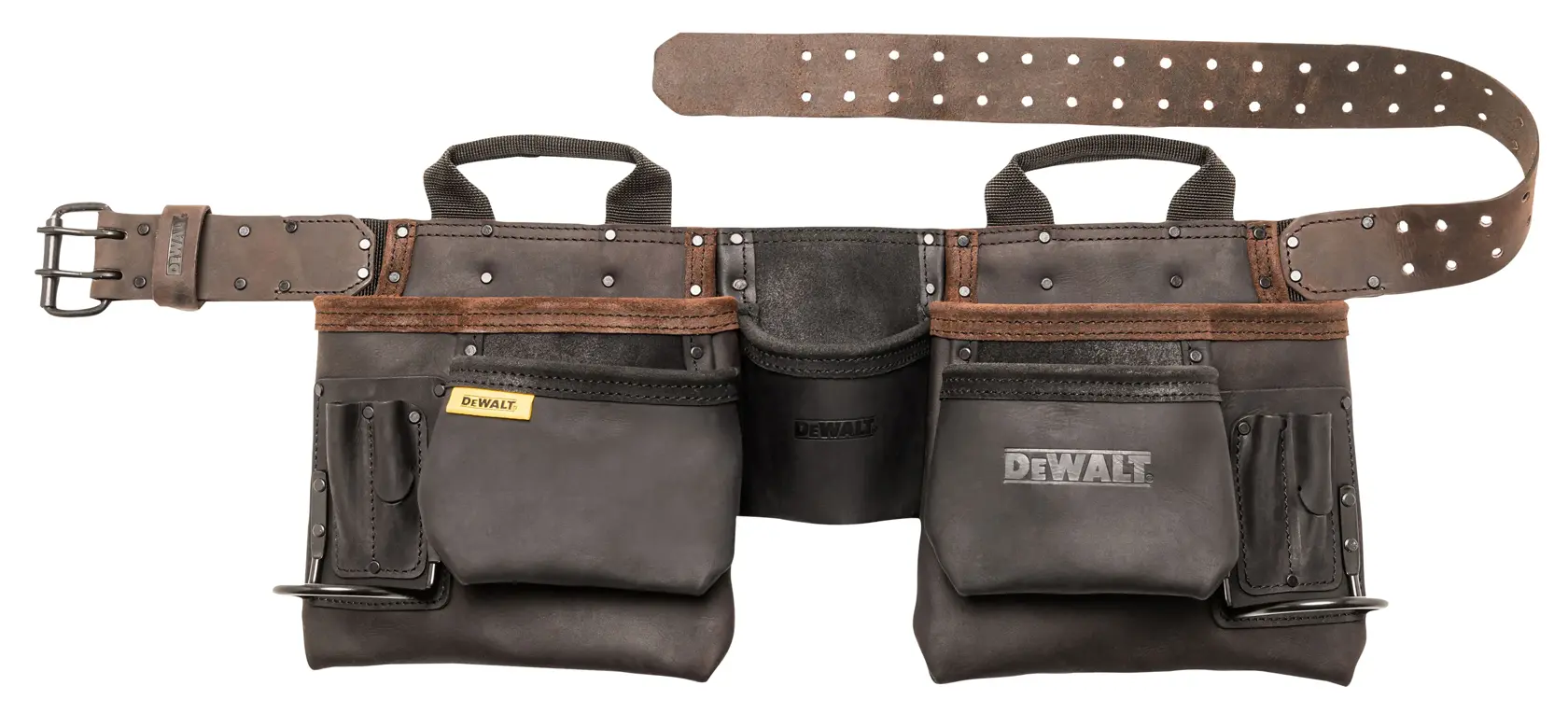 Ceinture porte-outils en cuir noir DEWALT avec plusieurs poches et une sangle solide réglable.