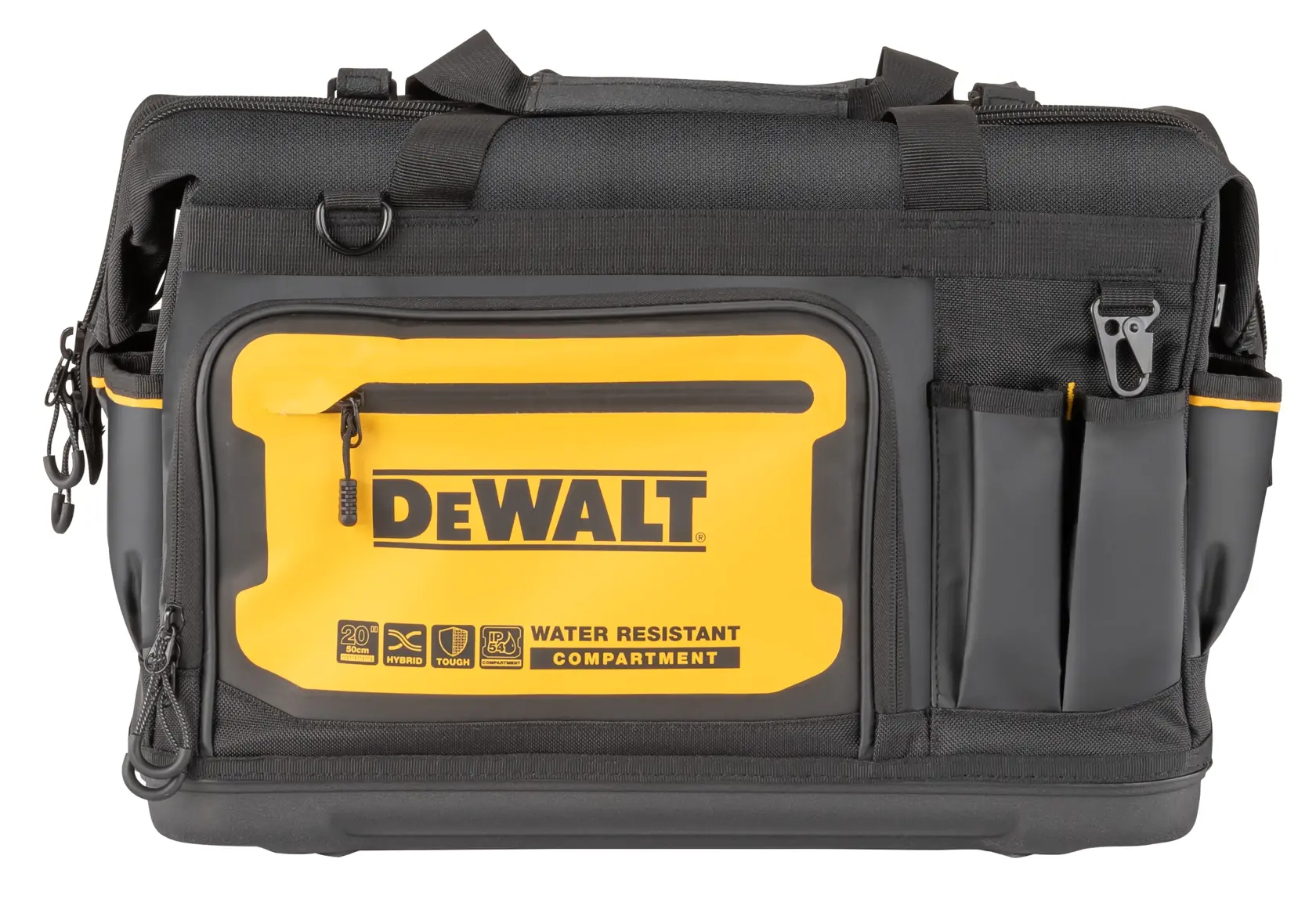 Sac à outils DEWALT noir et jaune avec compartiment résistant à l’eau et plusieurs poches, logo visible.