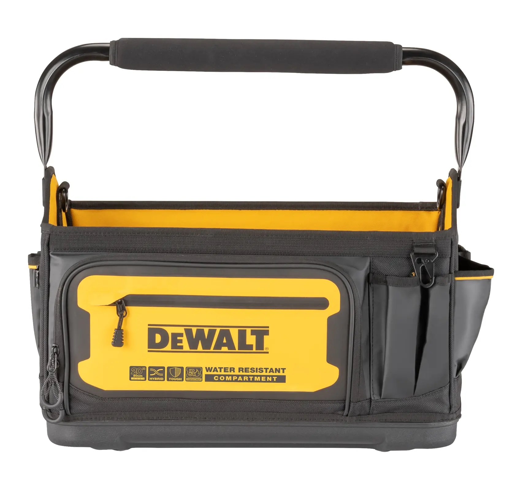 Sac à outils ouvert DEWALT avec poche zippée jaune, emplacements latéraux et poignée métallique rembourrée.