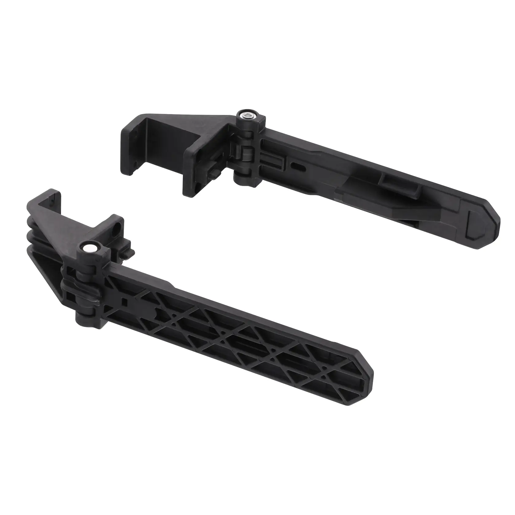 Deux bras en plastique noir réglables avec des joints articulés, présentés isolés sur un fond blanc. Les bras semblent être un accessoire de montage ou de soutien pour des outils ou de l'équipement.