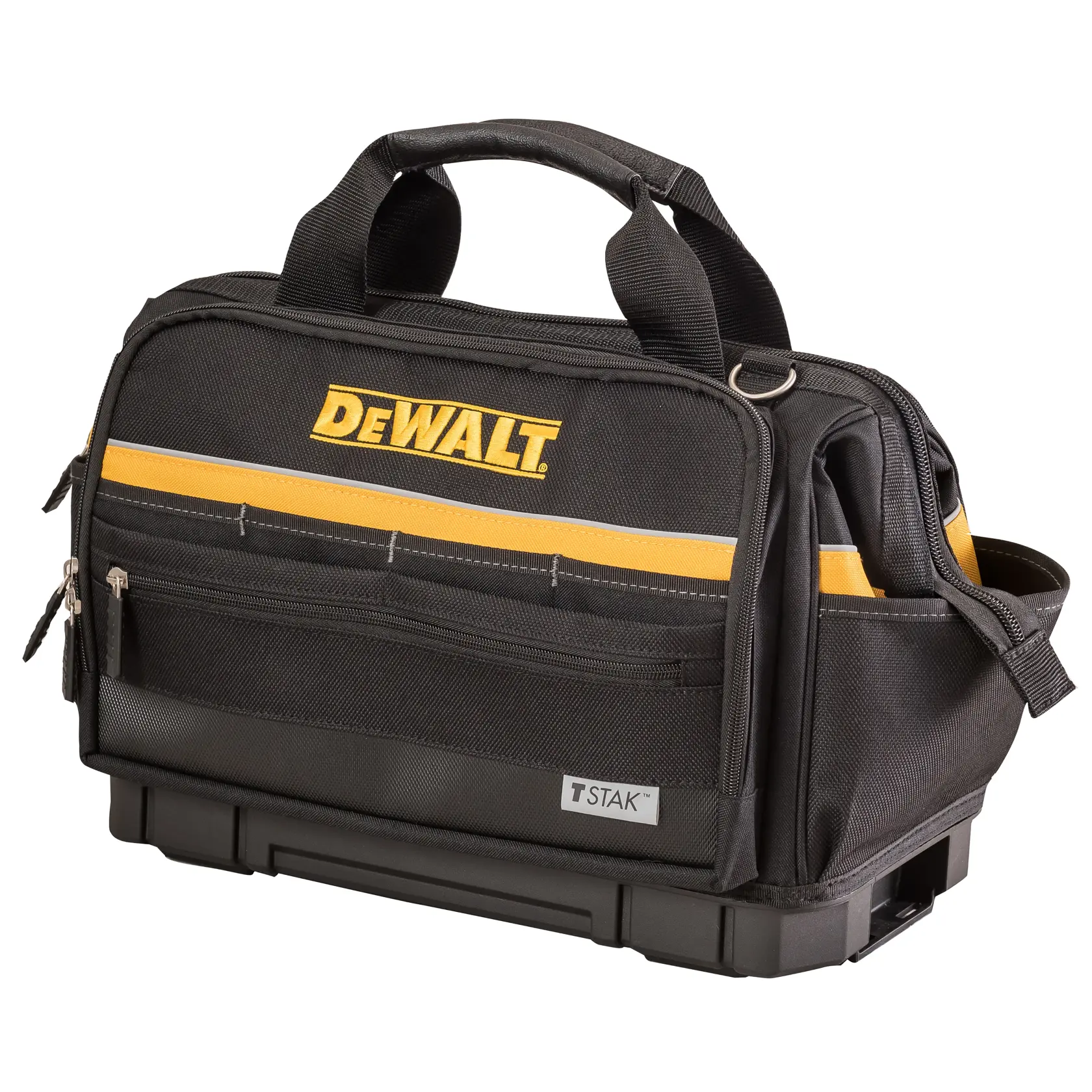 Sac à outils DEWALT noir avec poignées, bande jaune, poches zippées et base TSTAK.