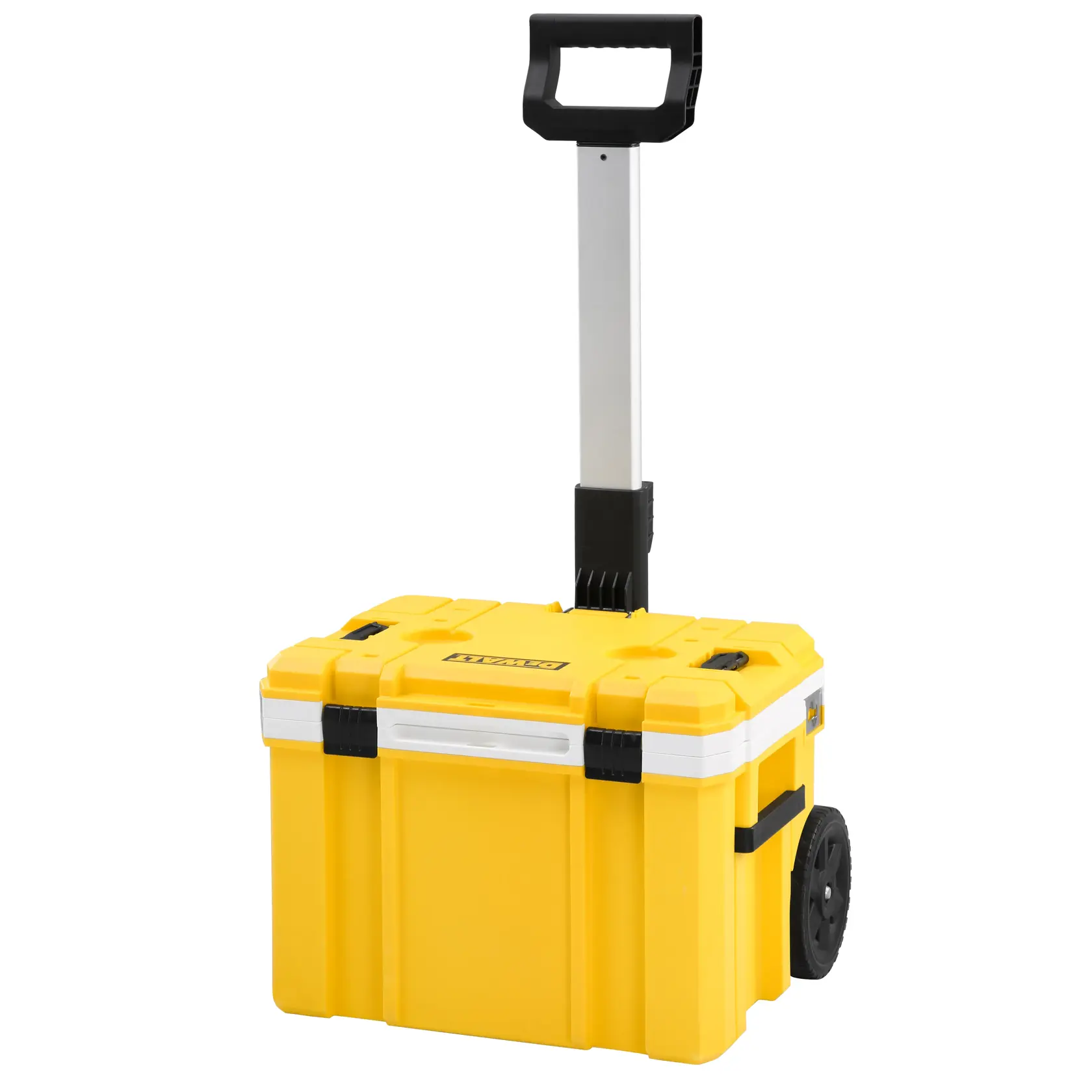 Une boîte à outils roulante DEWALT jaune avec une poignée noire et des roues, adaptée au rangement et au transport des outils.