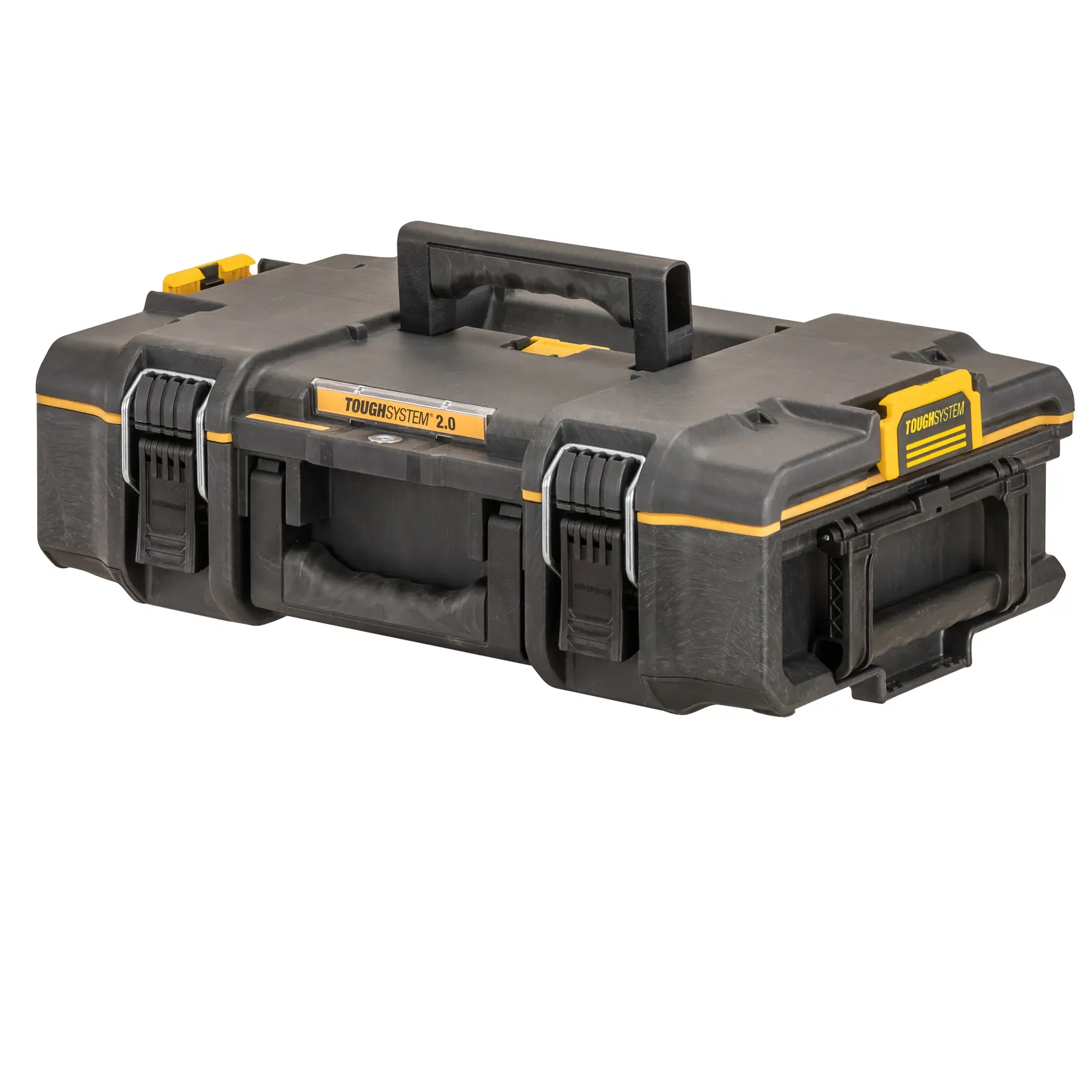 Boîte à outils noire DEWALT ToughSystem 2.0 avec poignée et loquets, idéale pour stocker des outils.